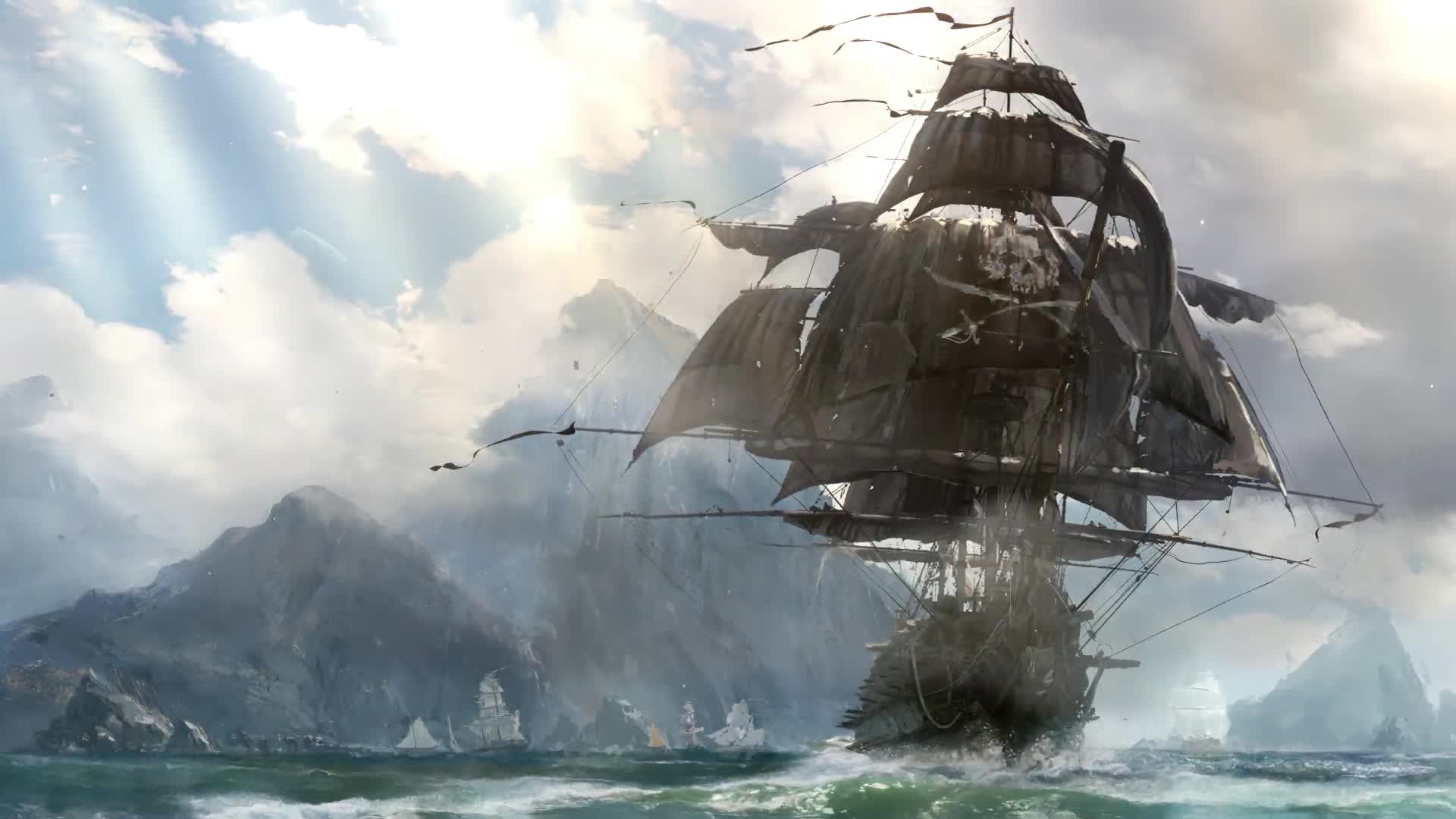 1920x1080 Pirate Ship in the Bay. Sea. Clouds Theme Desktop Wallpaper