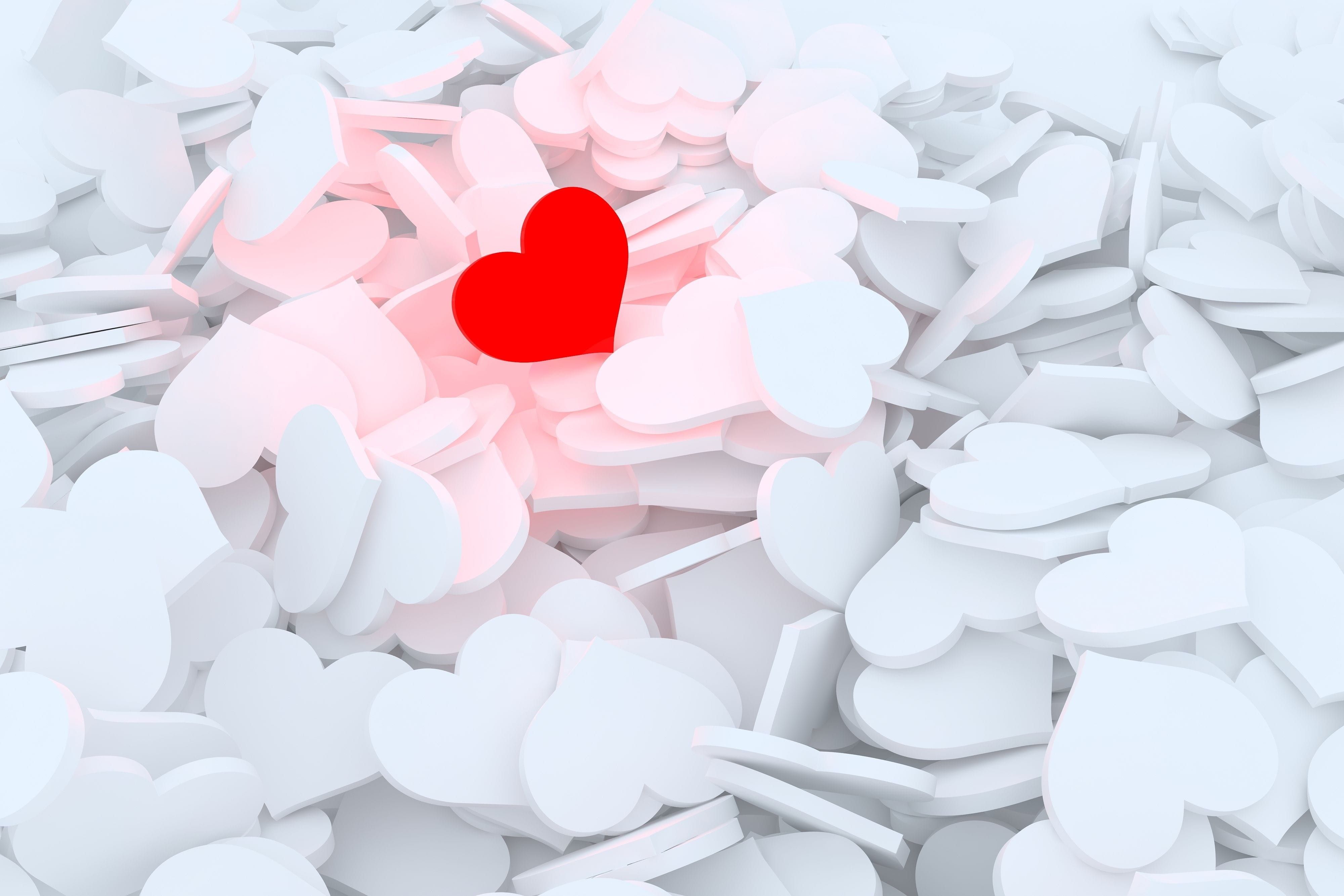 4000x2667 Wallpaper / white background, recognition, hearts, 4K, emotion, heart shape, feelings, still life, background, illusration, postcard, large group of objects, standing out from the crowd free download