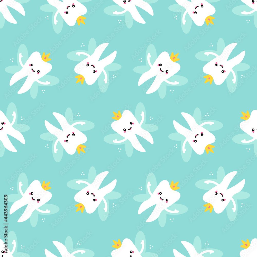 1000x1000 Tooth fairy, tooth queen with crown and wings vector seamless pattern background for kids dental care design. Stock Vector