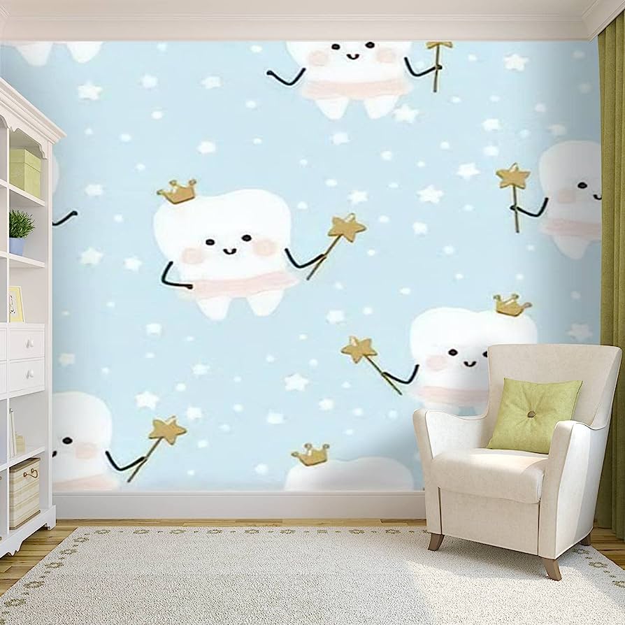 894x894 Self Adhesive PVC Wallpaper First Tooth Fairy Kawaii Seamless with a Girl Teeth Characters in a Peel & Stick Wallpaper Wall Mural Wall Decal Wall Poster Home Decor Sticker for Living Room