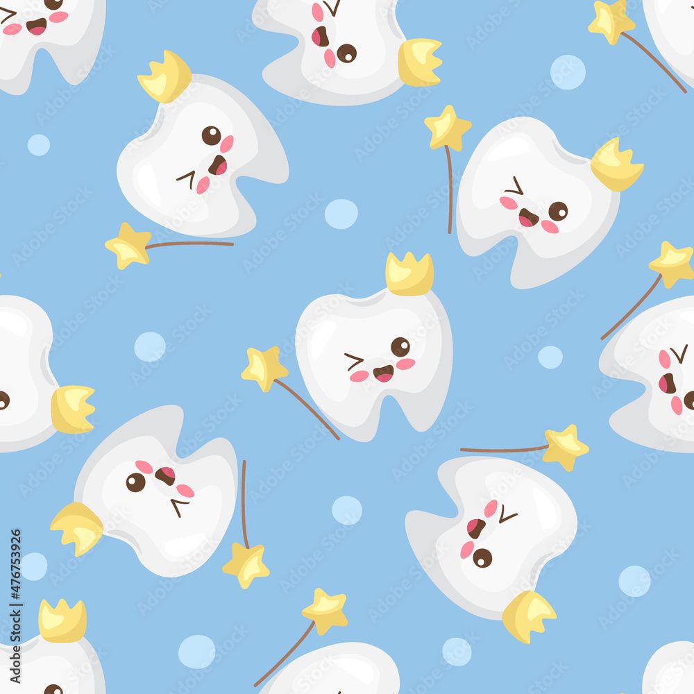 1000x1000 Kawaii smiling happy teeth with crown characters. First tooth fairy concept. Adorable vector illustration. Light blue background for tablecloth, fabric, wrapping paper, boy party. Seamless pattern. Stock Vector