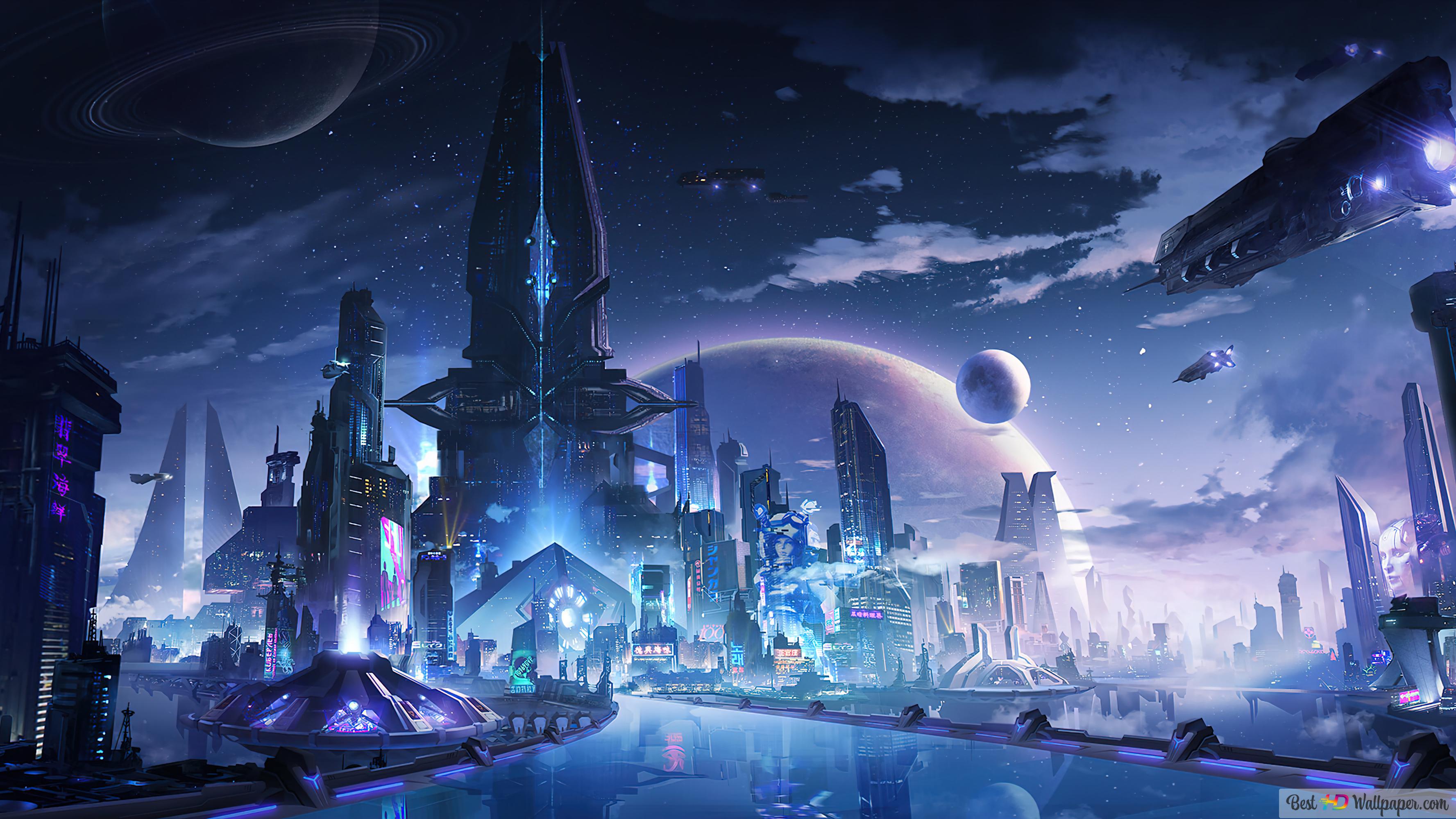 3554x1999 Scifi City Night Art 4K wallpaper download