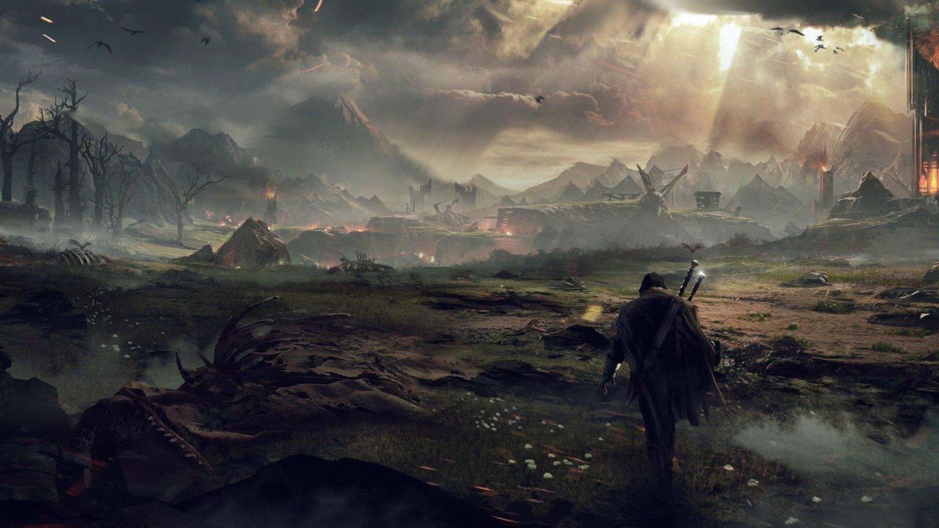 1920x1080 1920x1080 warrior fantasy art digital art artwork pixelated mountains clouds sky dead trees trees forest sun rays birds alone mist middle earth shadow of mordor wallpaper JPG 350 kB