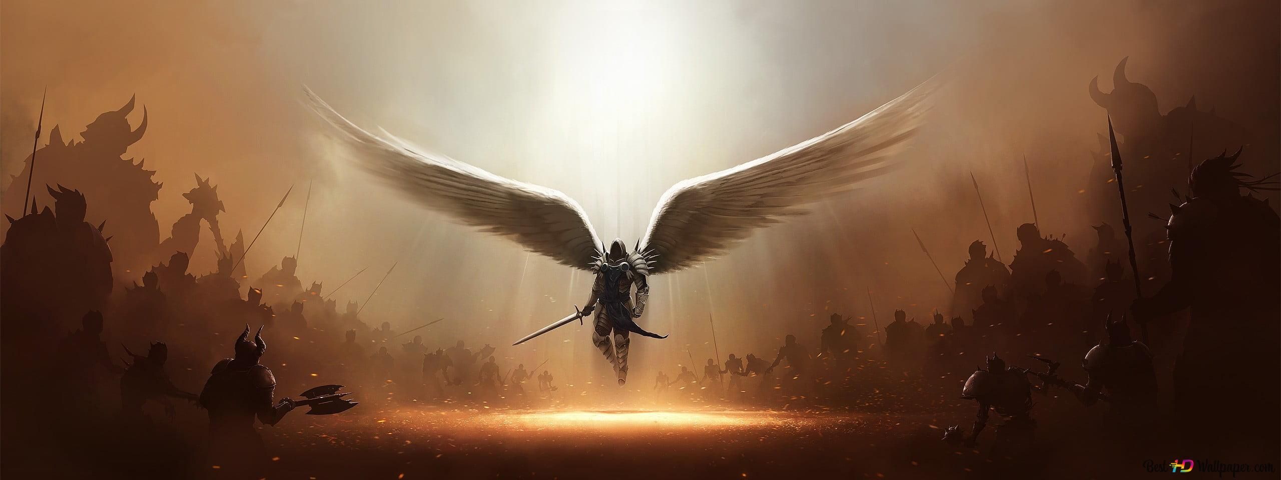 2560x960 Alone Angel Warrior In Frount Of Big Army 2K wallpaper download
