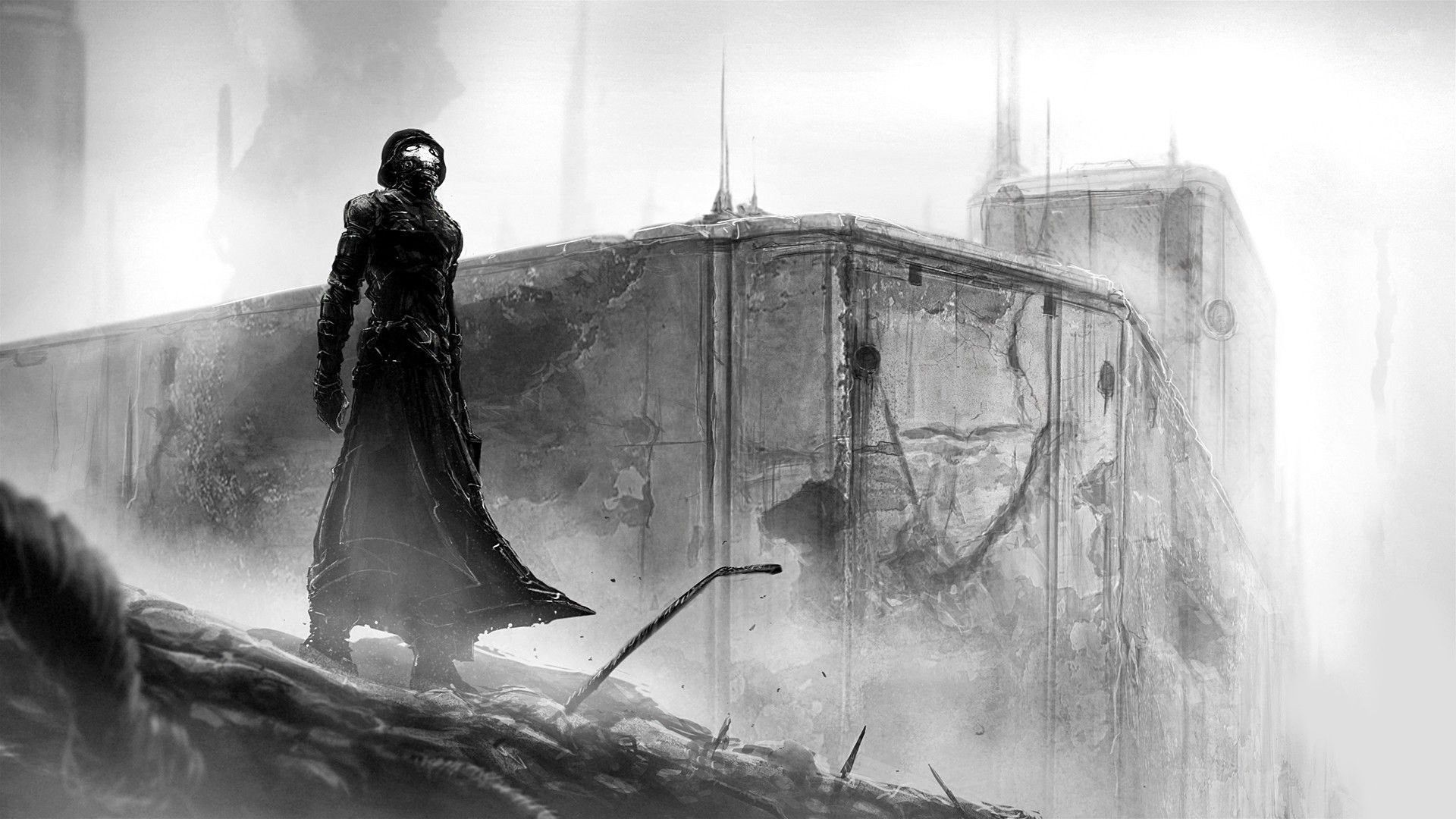 1920x1080 artwork, concept art, monochrome, alone, soldier, warrior, fantasy art Gallery HD Wallpaper
