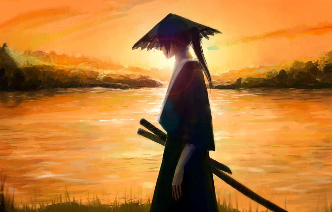 1332x850 Download Samurai Anime Warrior Walking Alone Sunset Wallpaper