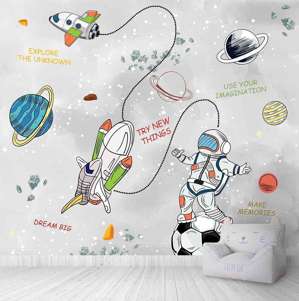 980x985 Space Theme Kids Room Wallpaper With Planets, Rockets and Motivational Quotes