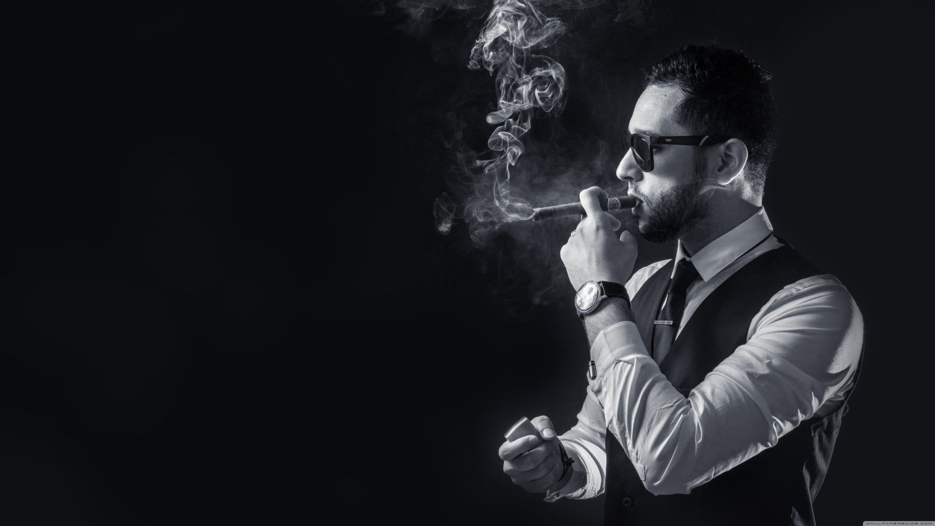 1920x1080 Wallpaper / bad habit, indoors, black background, 1080P, young men, side view, smoking issues, Men, Smoke, Smoking, Monochrome, Photography, young adult, cigarette free download