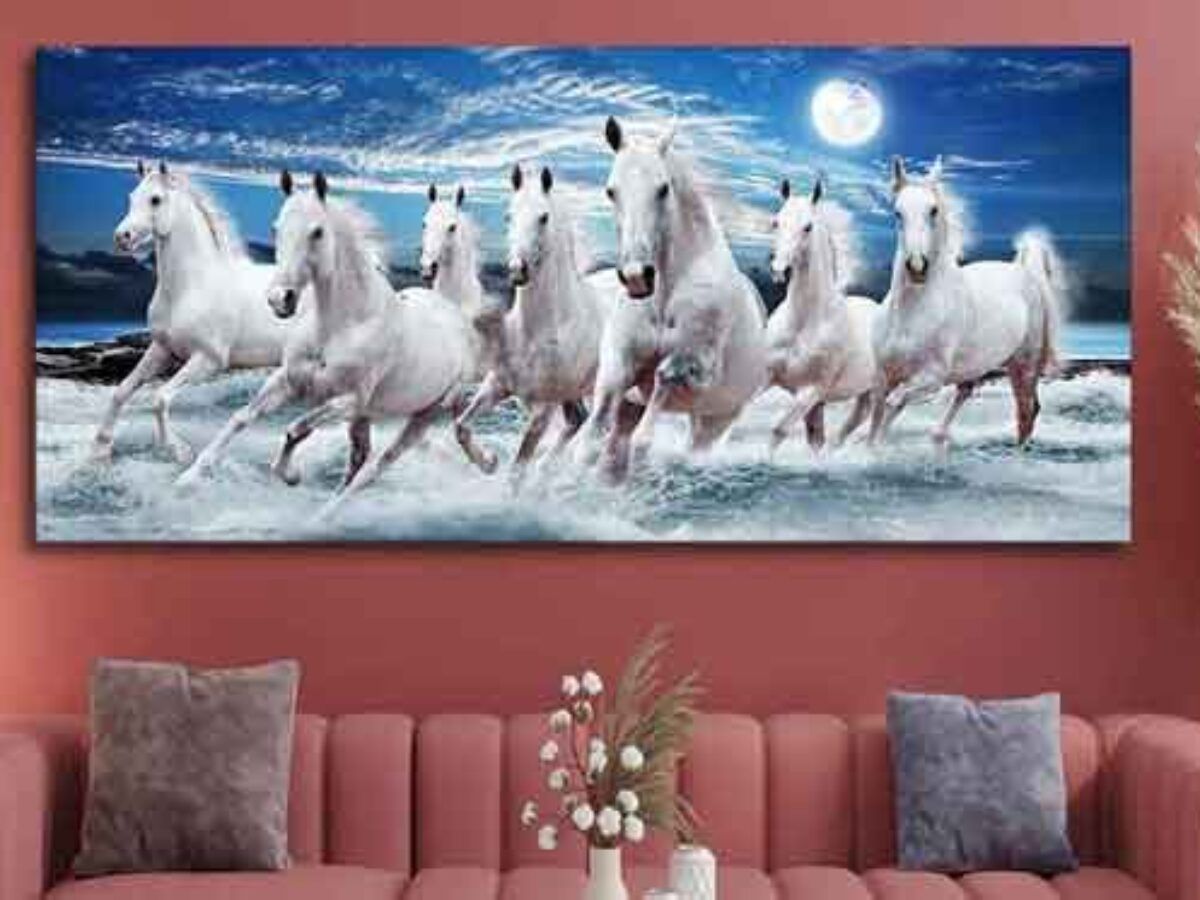 1200x900 Lucky Seven Galloping White Running Horses Painting & Its Direction
