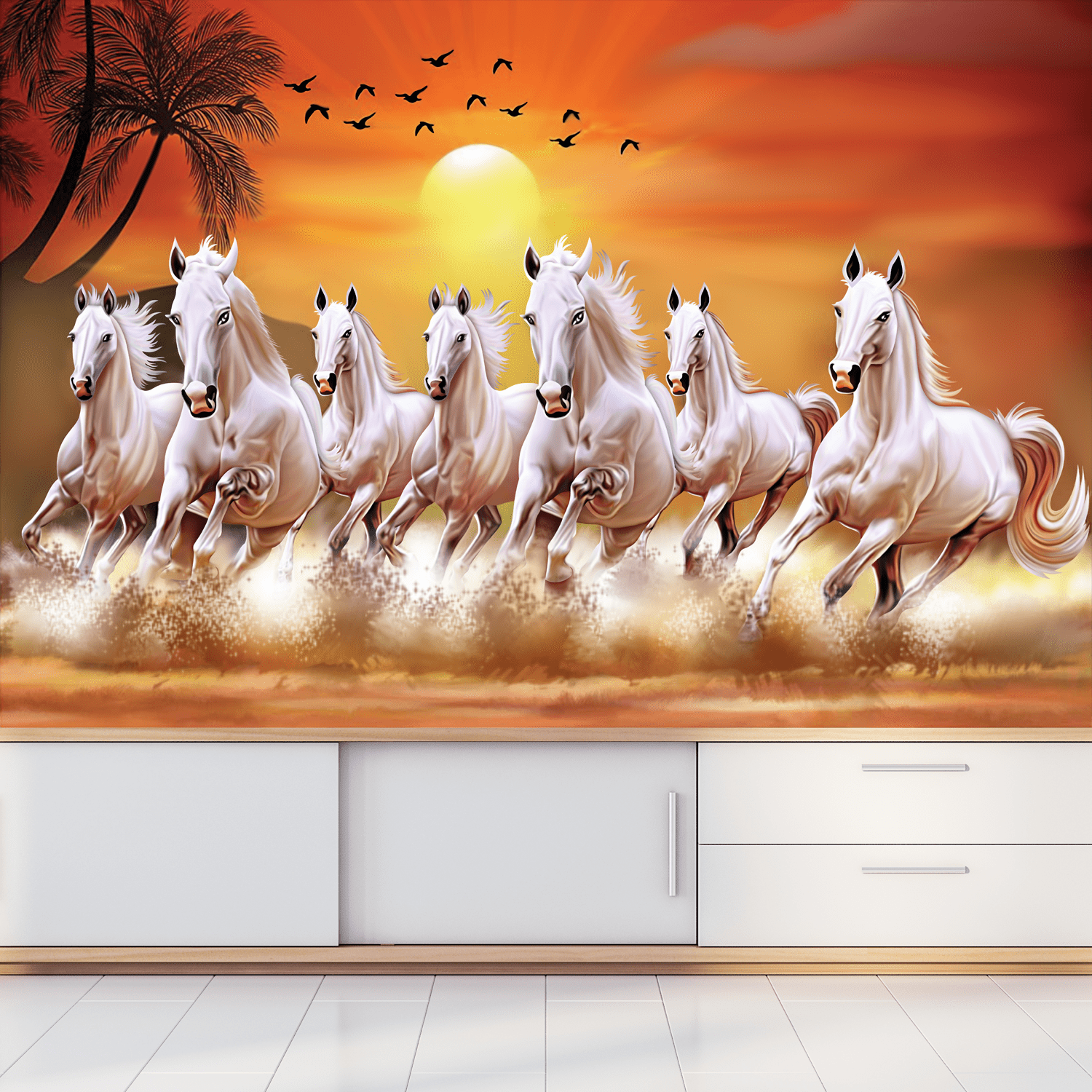1500x1500 White Horses Running In Time Of Sunset Digitally Printed Wallpaper