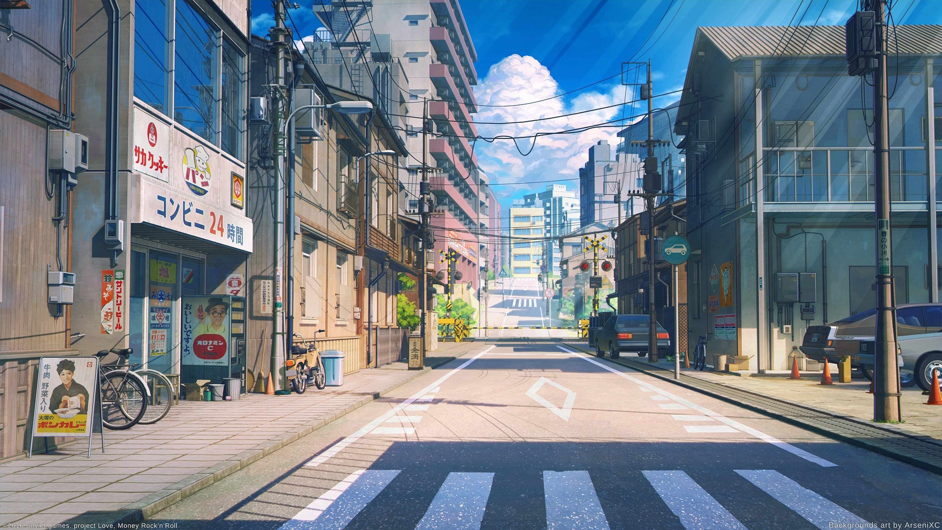3840x2160 Anime Street for Desktop Scenic Buildings Bicycle Cars Road Clouds 4K wallpaper