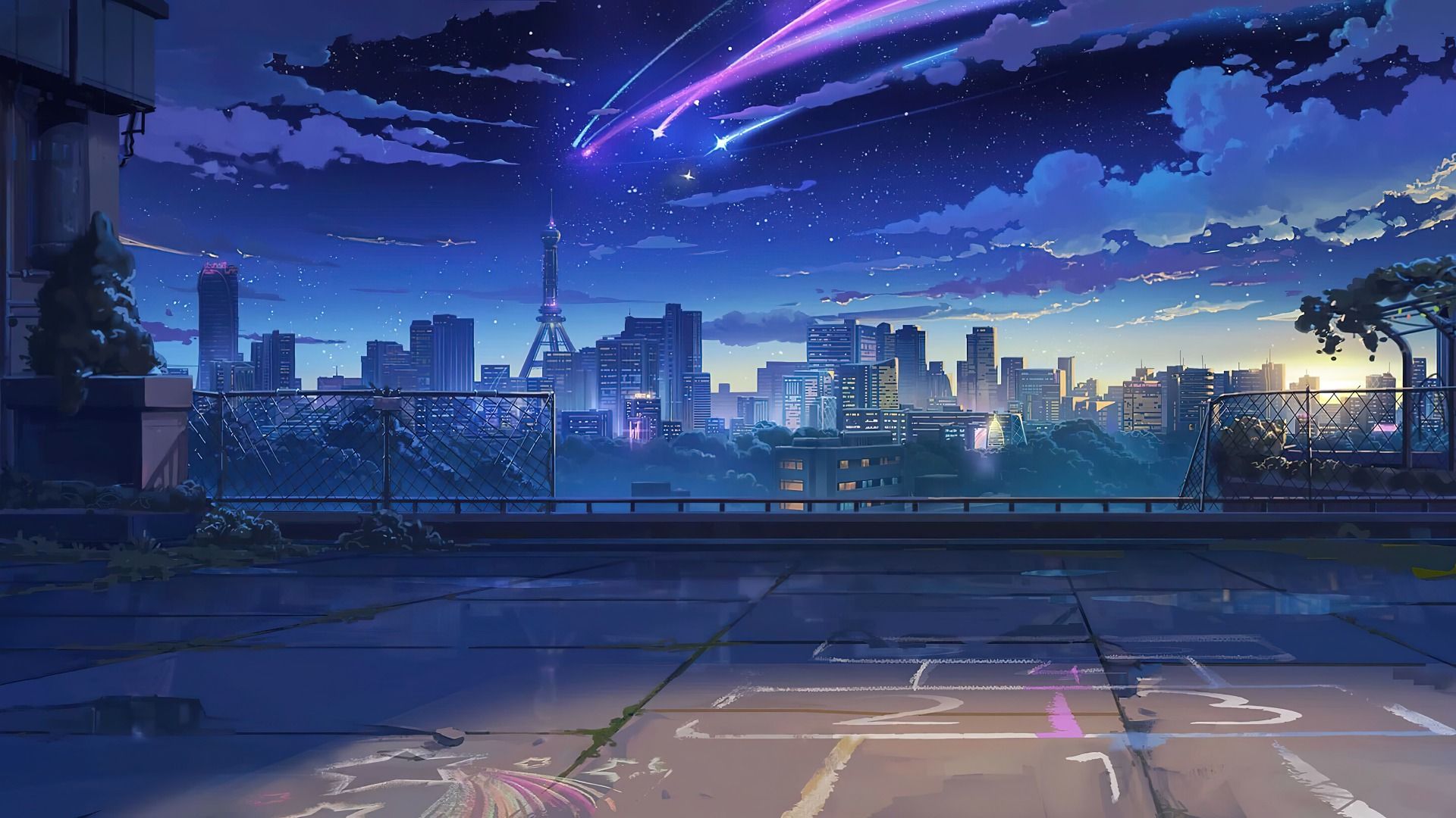 1920x1080 Artwork Digital Art Night Stars City Building Shooting Stars Clouds Comet Anime City Anime Wallpaper:1920x1080