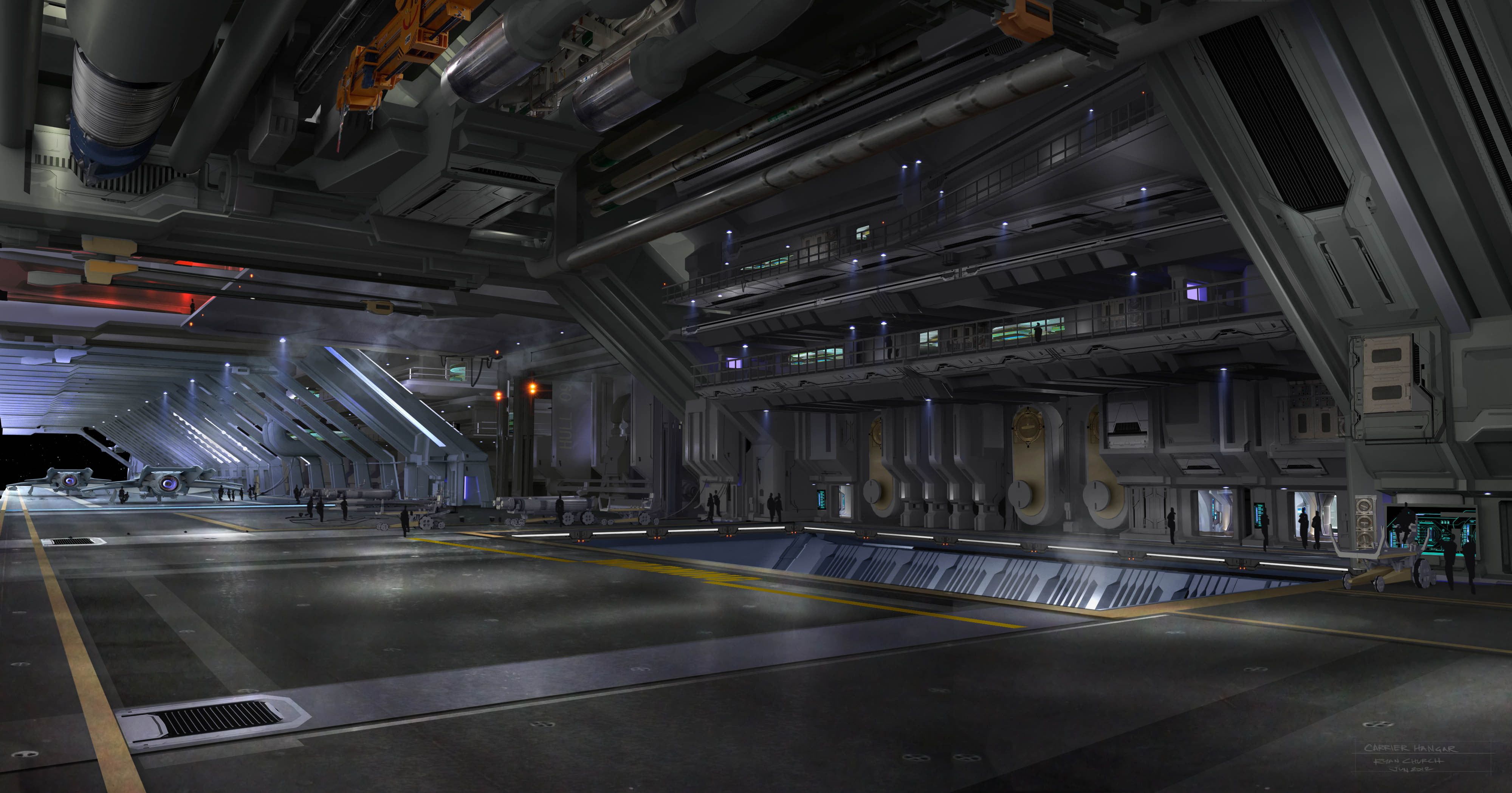 4000x2100 Wallpaper / illuminated, symbol, hangar, empty, parking garage, road, indoors, Star Citizen, space, Carrier Hangar, public transportation, no people, sign, marking free download