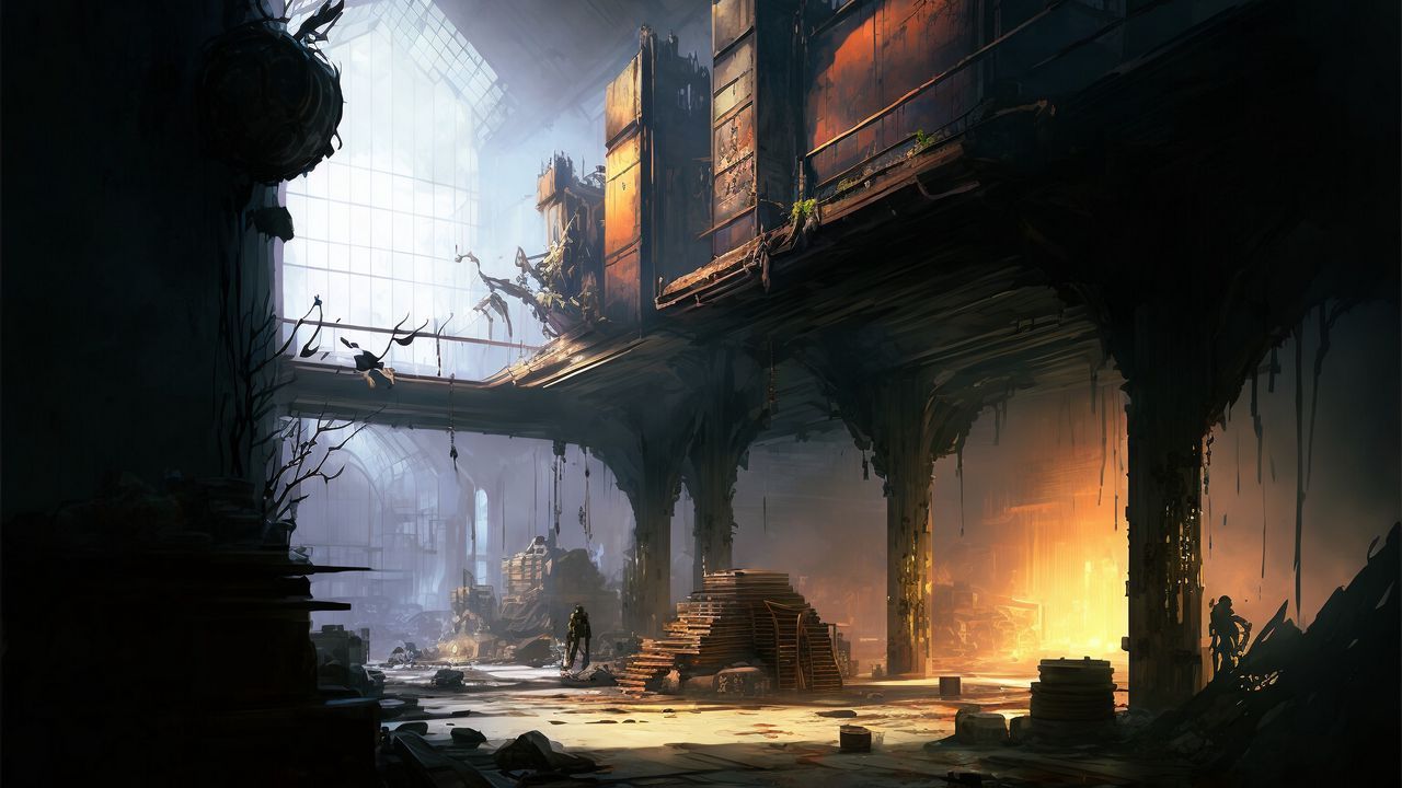 1280x720 Wallpaper hangar, columns, dark, art hd, picture, image