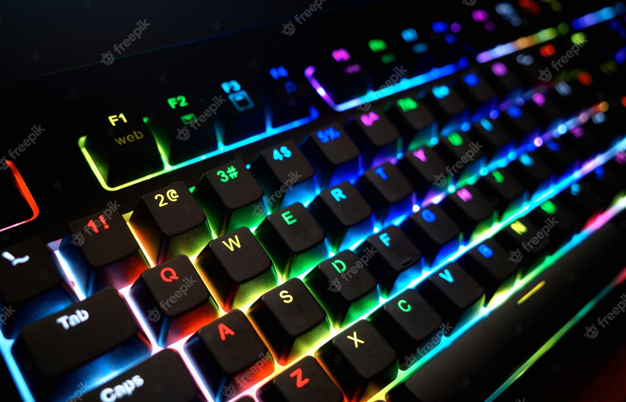 2000x1284 Premium Photo. Diagonal rgb futuristic keyboard with dramatic illumination object background hd