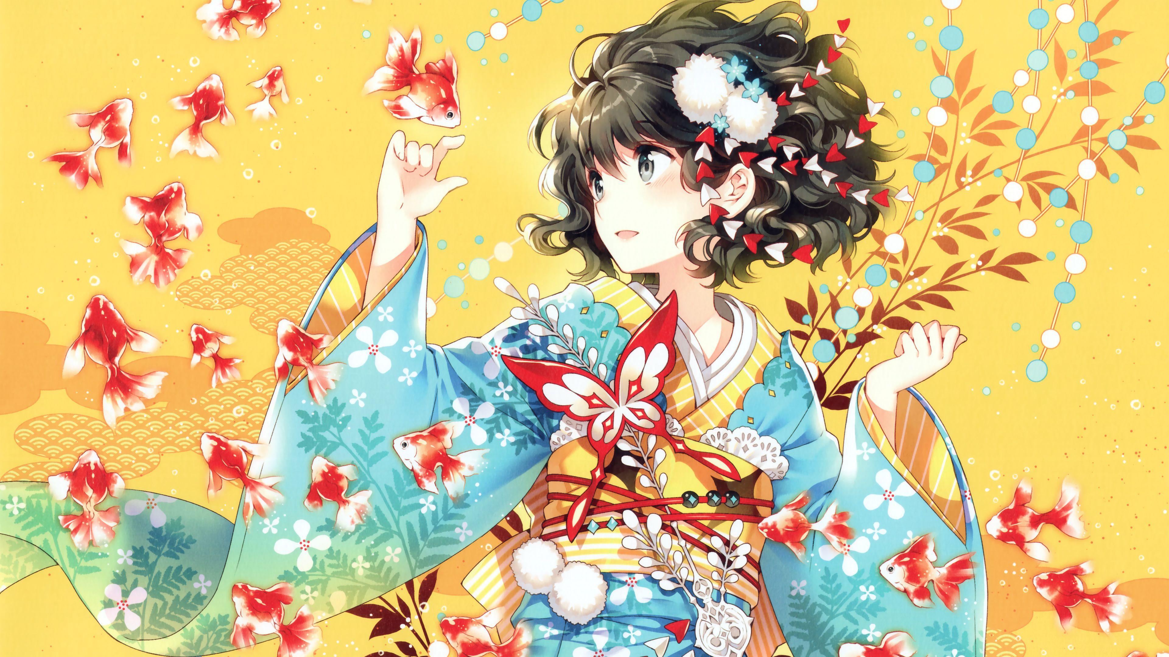 Premium Vector  Anime manga girls in kimono holding paper umbrella