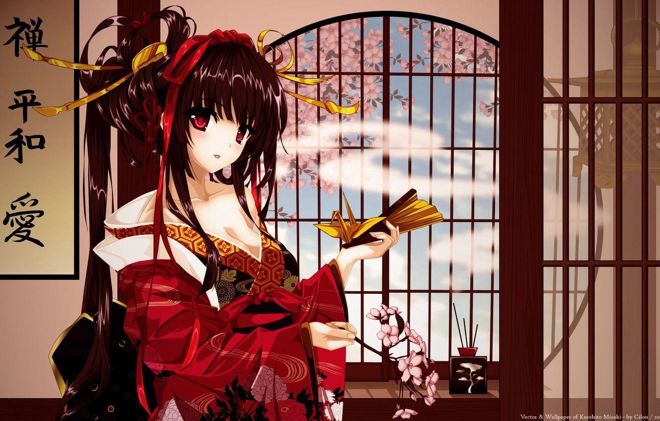 1332x850 Wallpaper look, girl, Sakura, characters, kimono, Anime