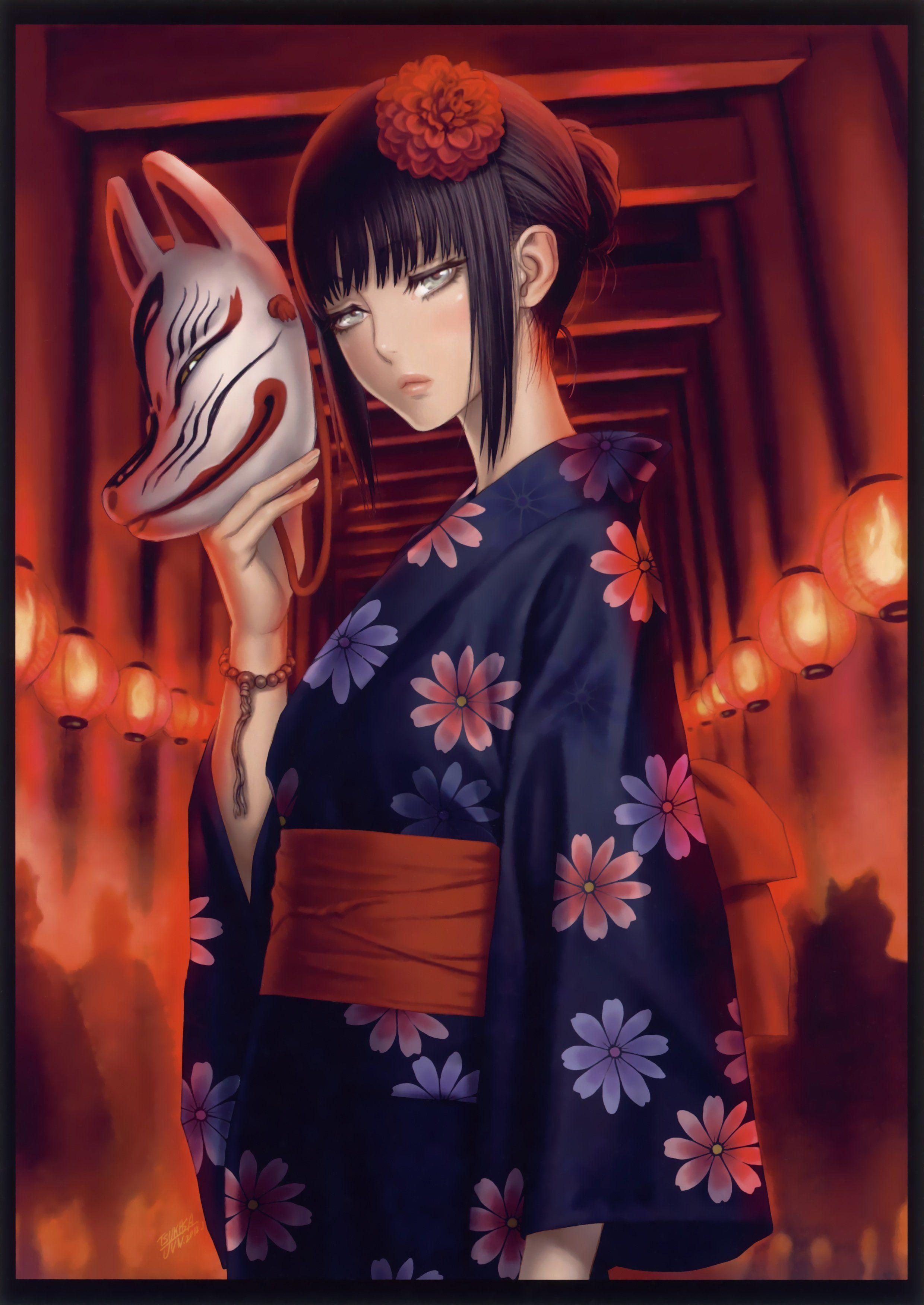 2480x3500 Original anime girl kimono cute beautiful dress long hair mask