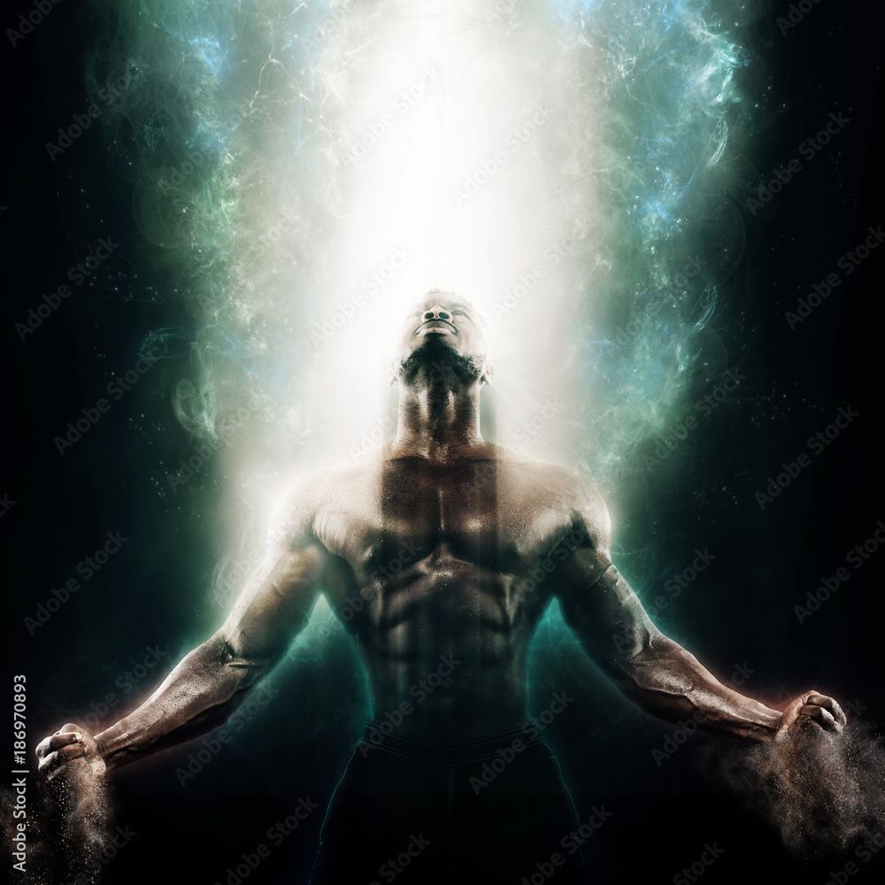 1000x1000 Sport and motivation wallpaper on dark background. Power athletic guy bodybuilder. Fire and energy