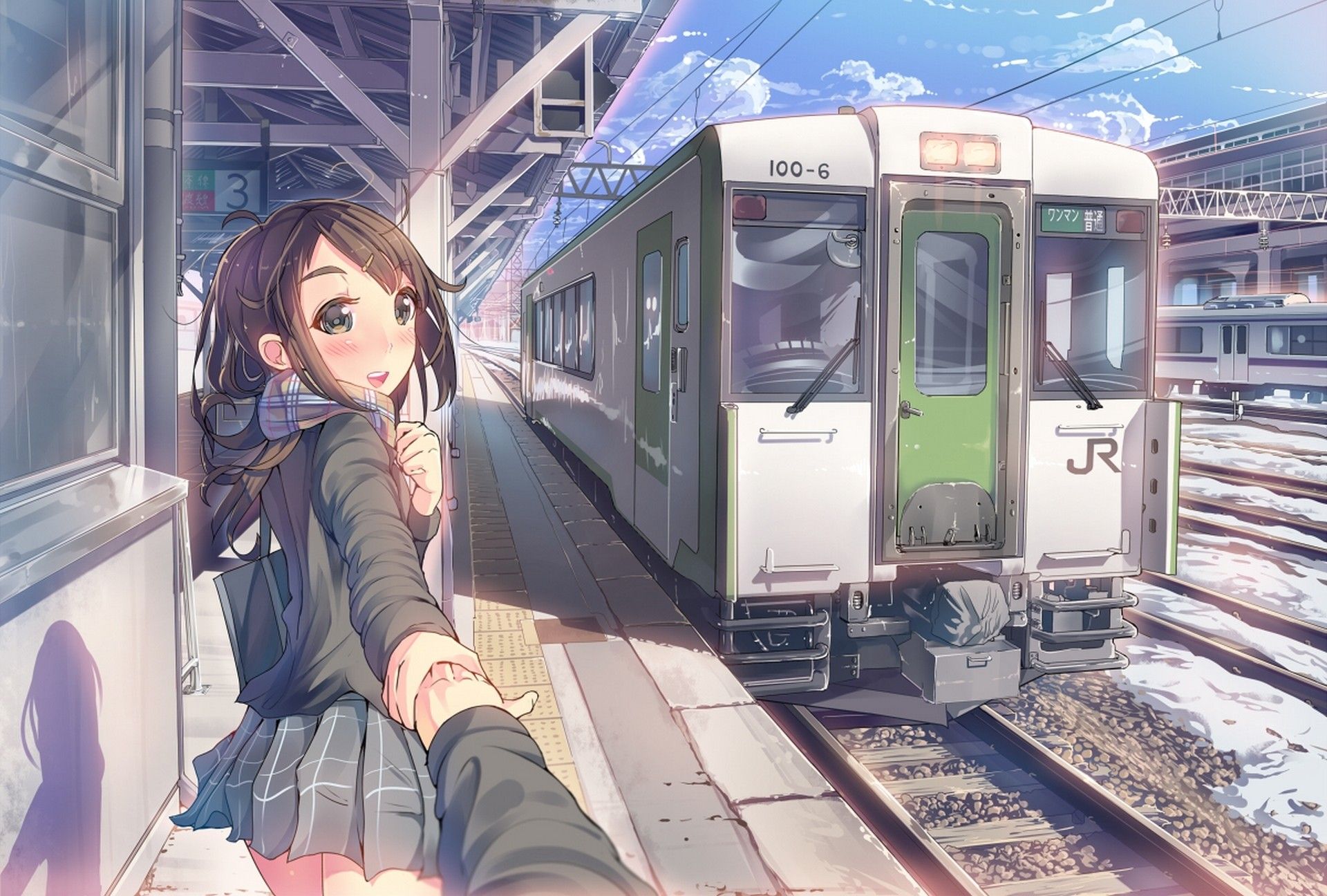 1920x1296 original characters, artwork, anime, train station, scarf, train, anime girls Gallery HD Wallpaper