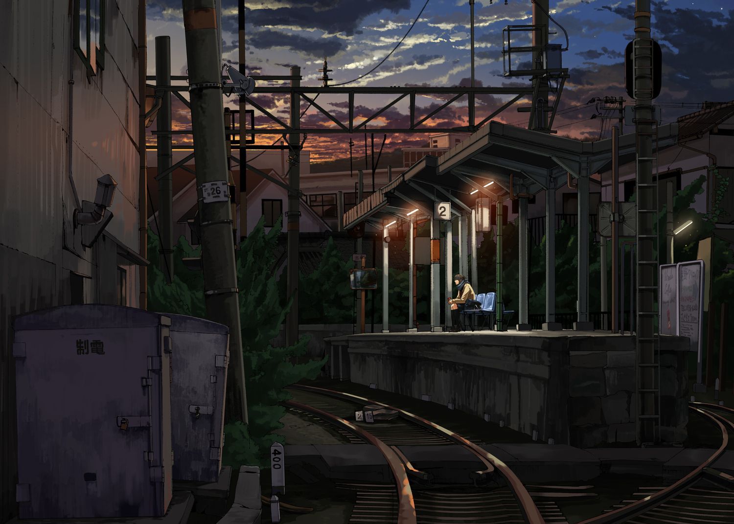 1500x1071 Building Digital Art Sunset Train Station Railway Isolation Clouds Sky Anime Wallpaper:1500x1071