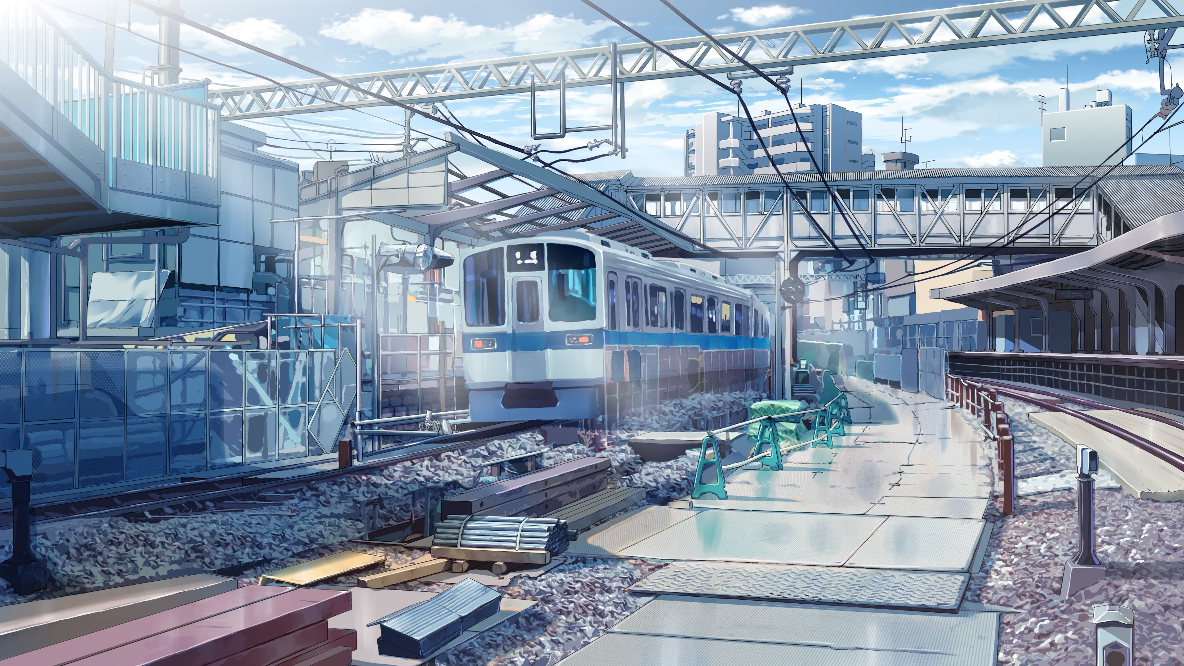 3840x2160 Download 3840x2160 Anime Train Station, Sunlight, Industrial City, Construction Wallpaper for UHD TV