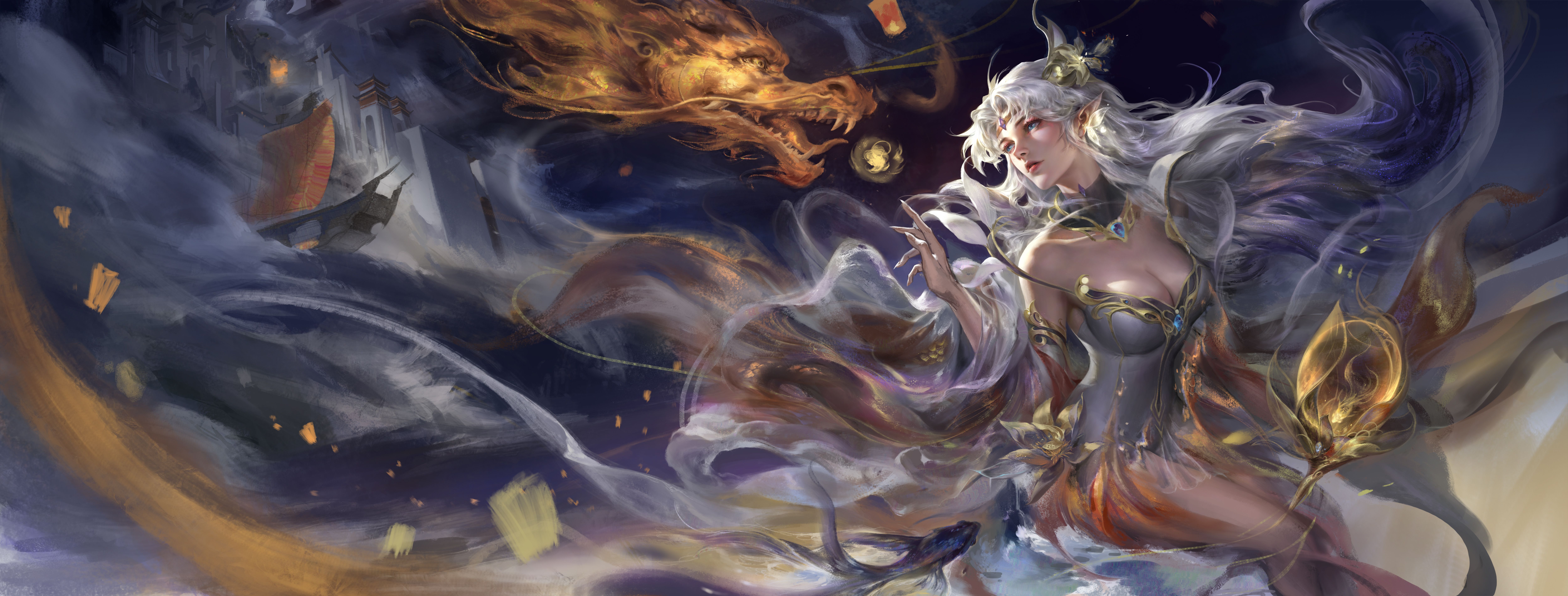 10000x3802 Rishengrisheng Illustration Fan Art Honor Of Kings Video Games Diao Chan Chinese Dragon Loong Dragon Wallpaper:10000x3802