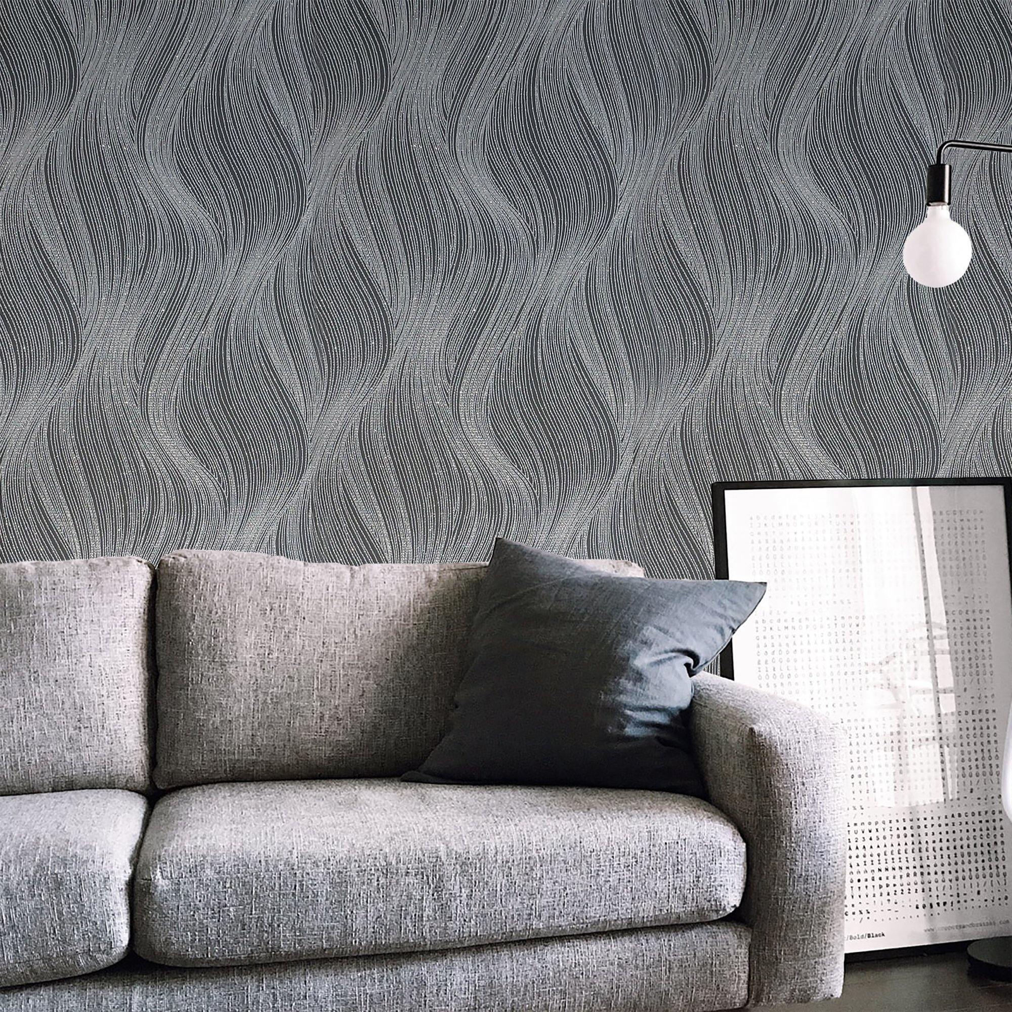 2000x2000 WM0115310701 textured wavy lines wallpaper Black Gray Silver waves 3D