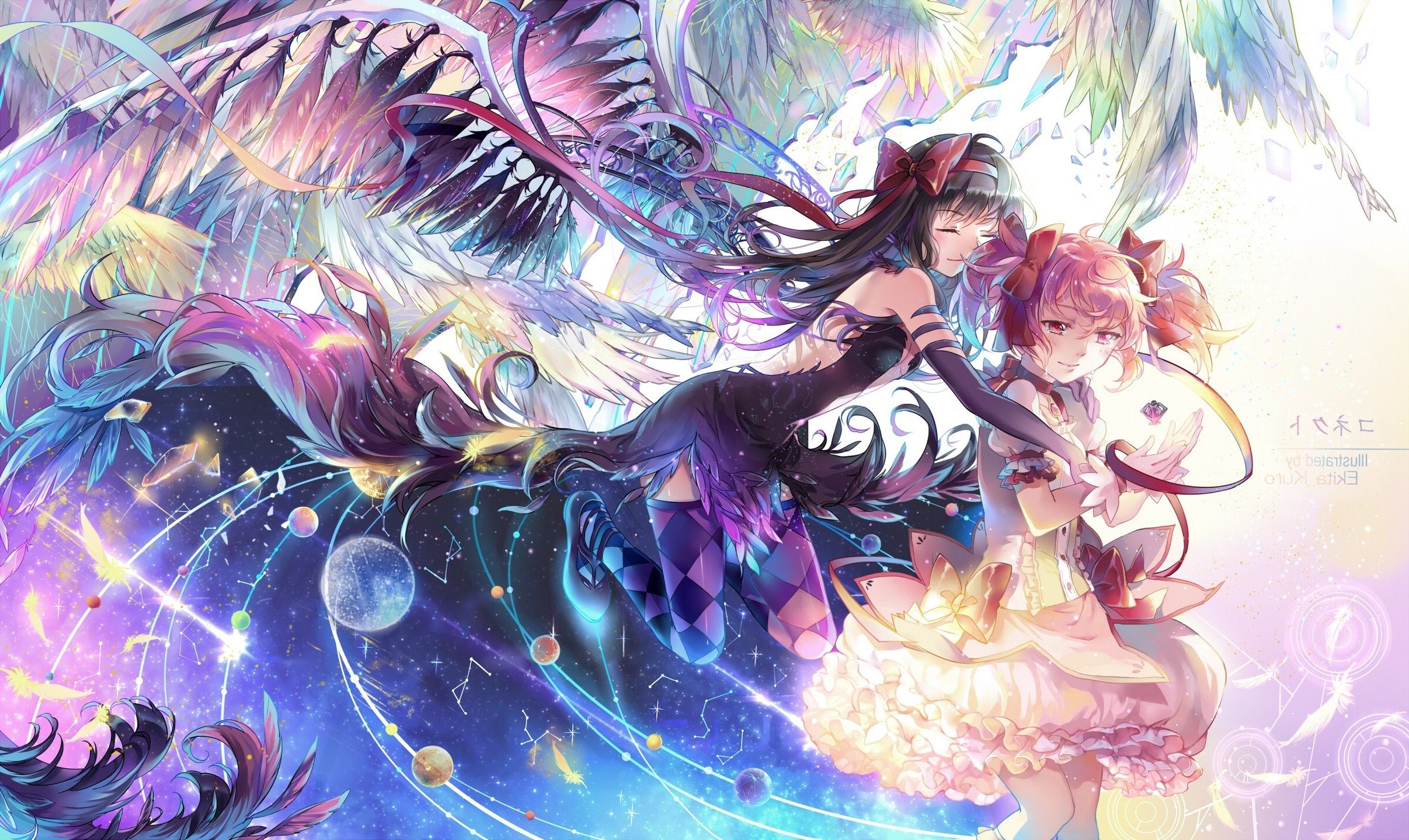 2413x1439 Wallpaper / Mahou Shoujo Madoka Magica, Kaname Madoka, Akuma Homura, Akemi Homura, anime, anime girls, white skin, colorful free download