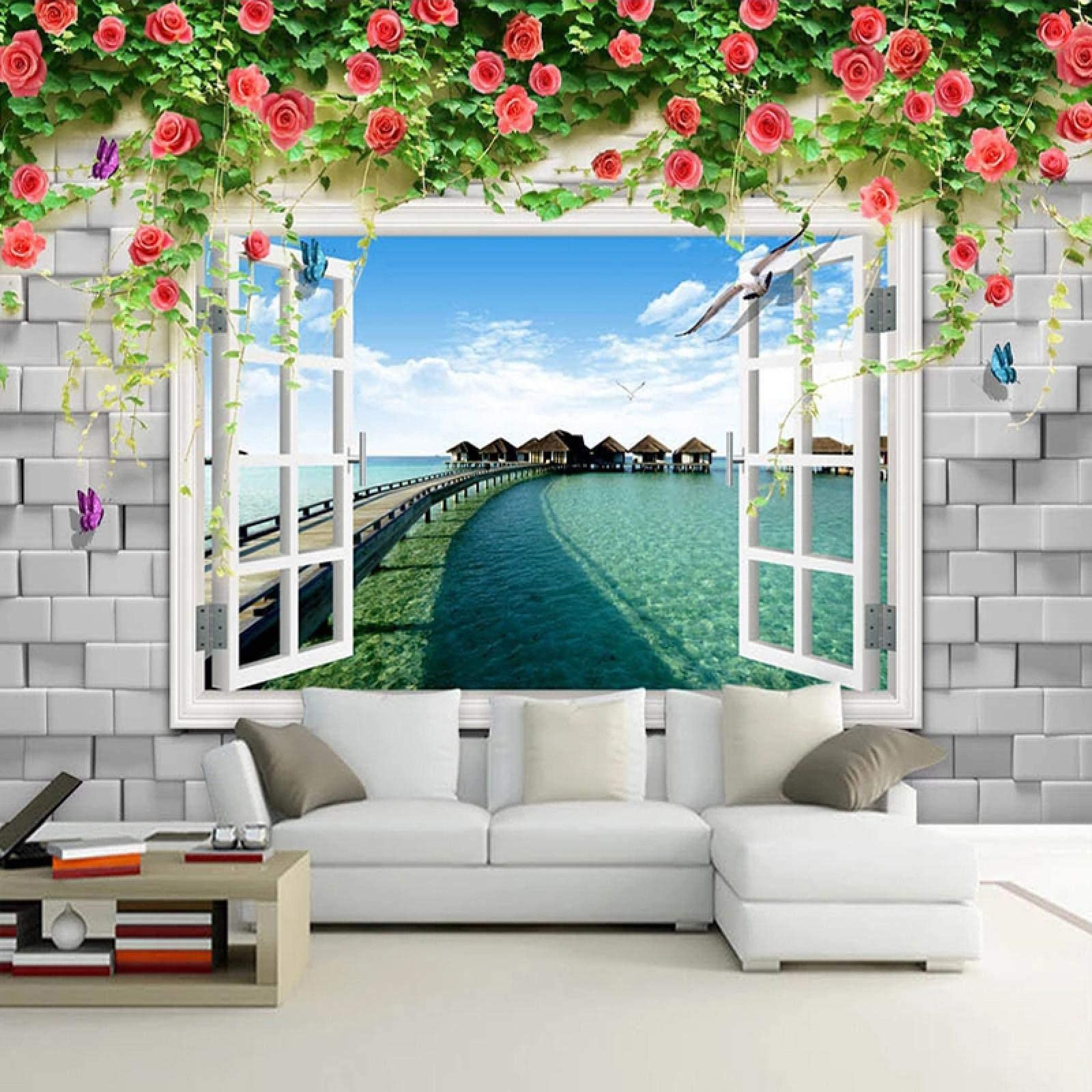1600x1600 Wall Mural Wallpaper, 3D Windows Sea View Self Adhesive Peel And Stick Wallpaper For Living Room Bedroom TV Background Office Restaurant Motif Room 100 X 69 Inches : Tools & Home Improvement