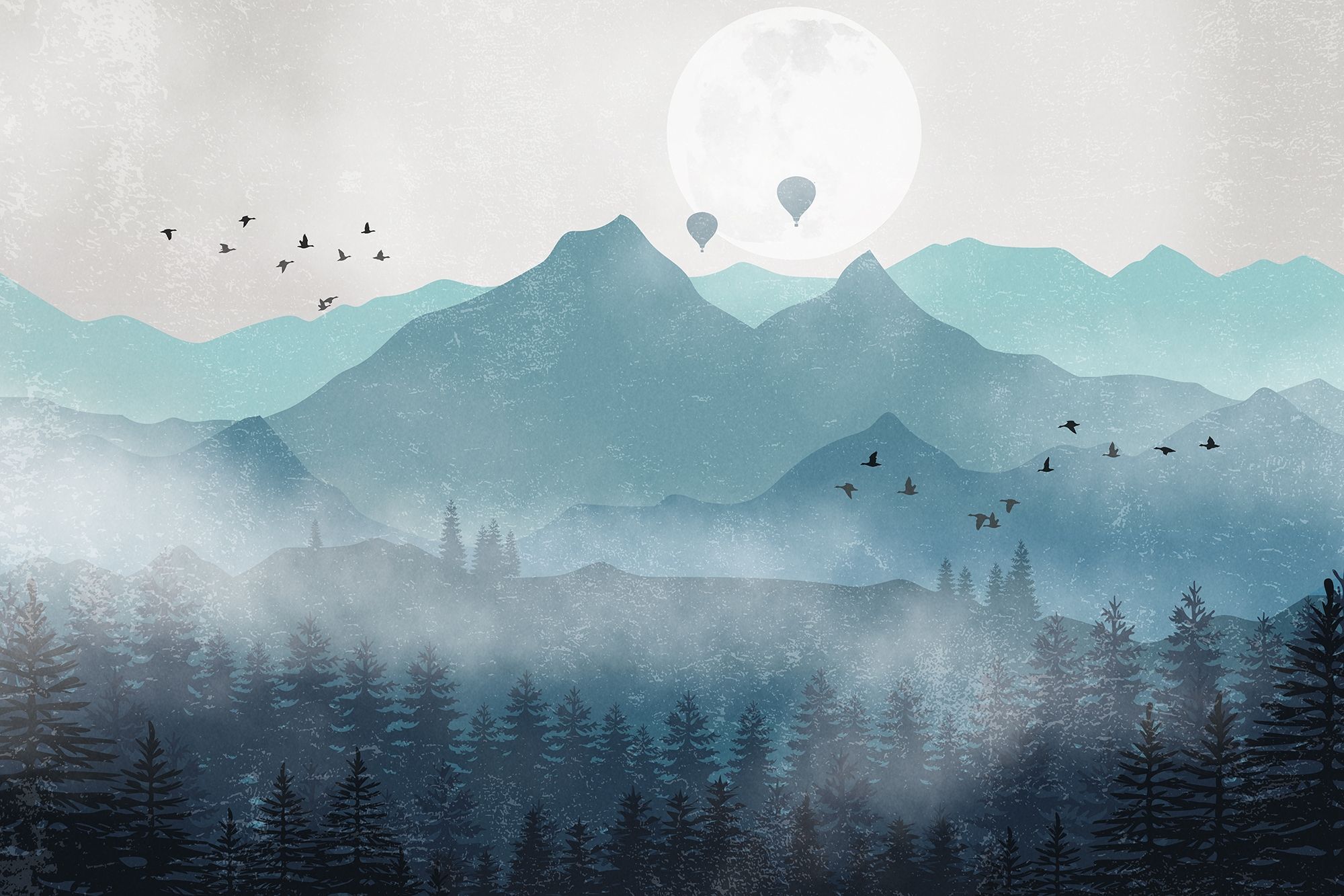 2000x1333 Misty Mountain Landscape with Moon Wallpaper Mural • Wallmur®