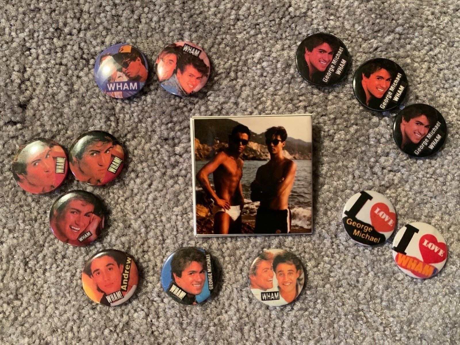 1600x1200 Vintage early 80s WHAM! and George Michael pins of 14