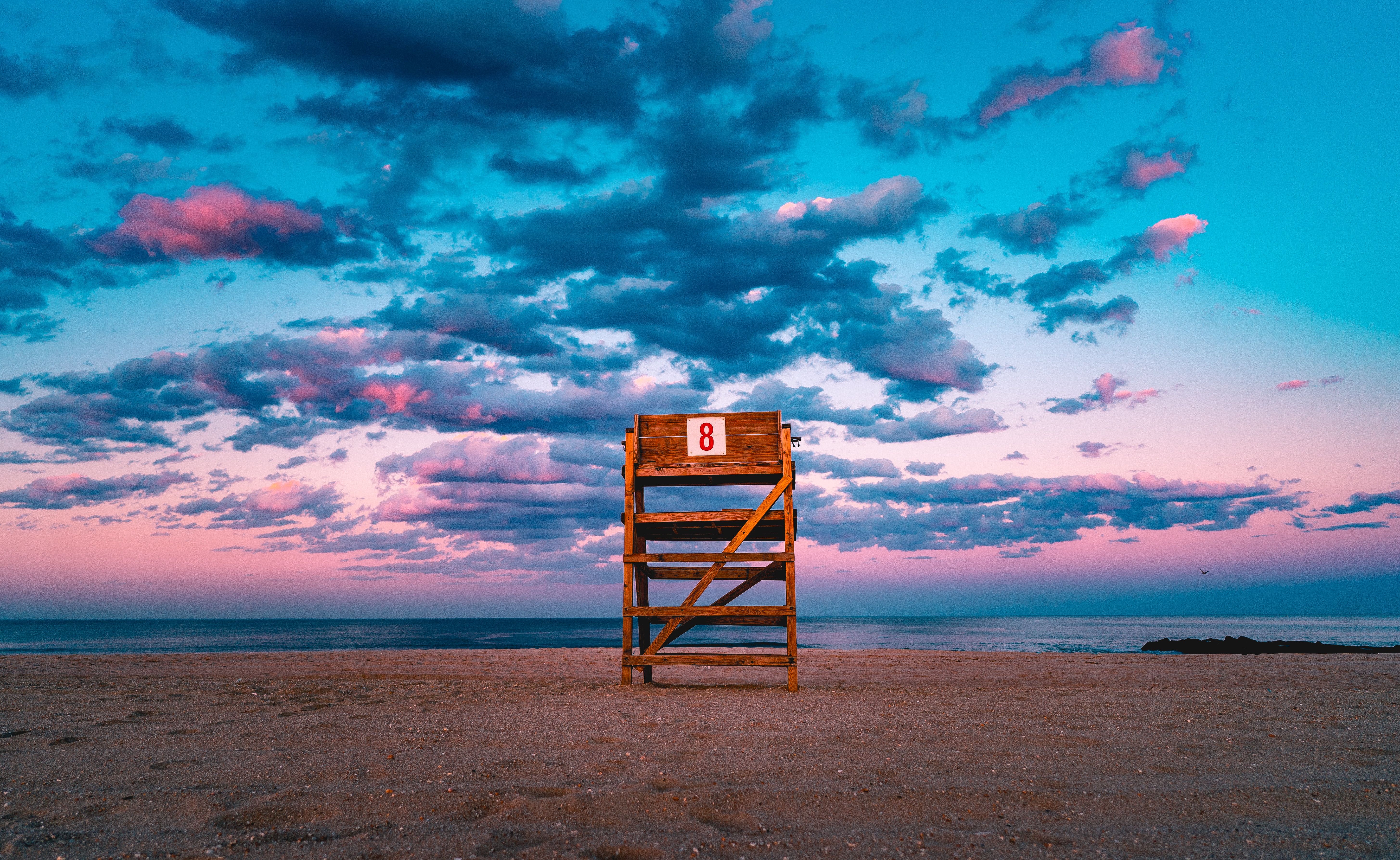 5818x3574 5818x3574 nube, ocean, pink, dusk, Public domain image, shore, lifeguard tower, beach, blue, cloud, sunrise, eight, dawn, number, sand, cloudy, sky, sunset, coast, mar, tower Gallery HD Wallpaper