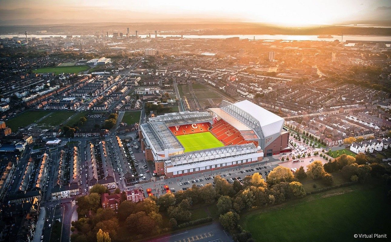 1290x800 Liverpool, city lights, British, Anfield Road, city, football stadium, Liverpool FC, stadium, Mersey (river) Gallery HD Wallpaper