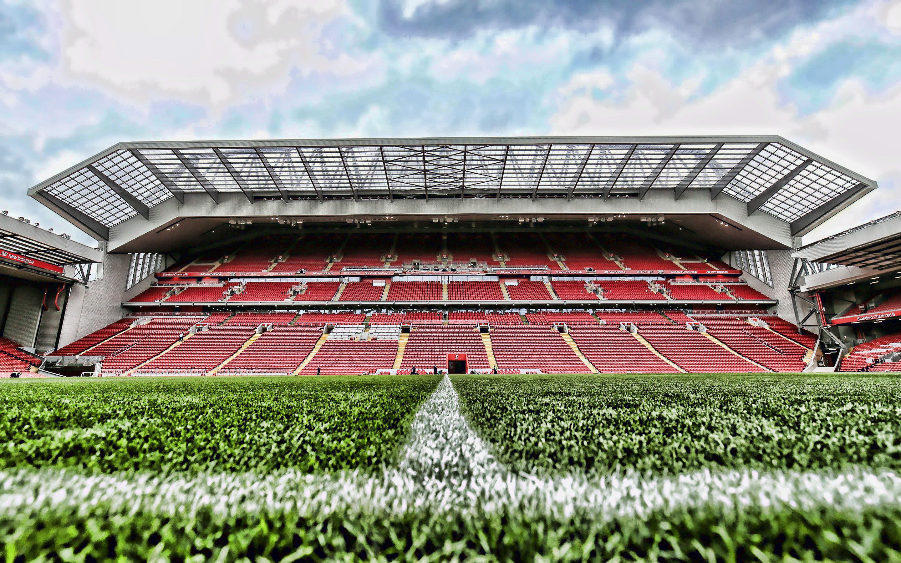 2880x1800 Download wallpaper Liverpool stadium, Anfield, empty stadium, England, HDR, soccer, Liverpool, football stadiums, Anfield Road, Liverpool FC for desktop with resolution 2880x1800. High Quality HD picture wallpaper