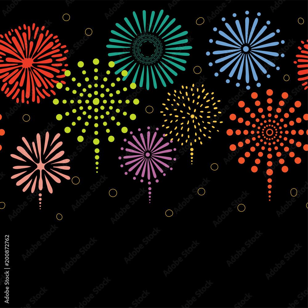 1000x1000 Hand drawn seamless vector horizontal border with colorful fireworks, on a black background. Design concept for birthday party, New Year celebration, kids textile print, wallpaper, wrapping paper. Stock Vector
