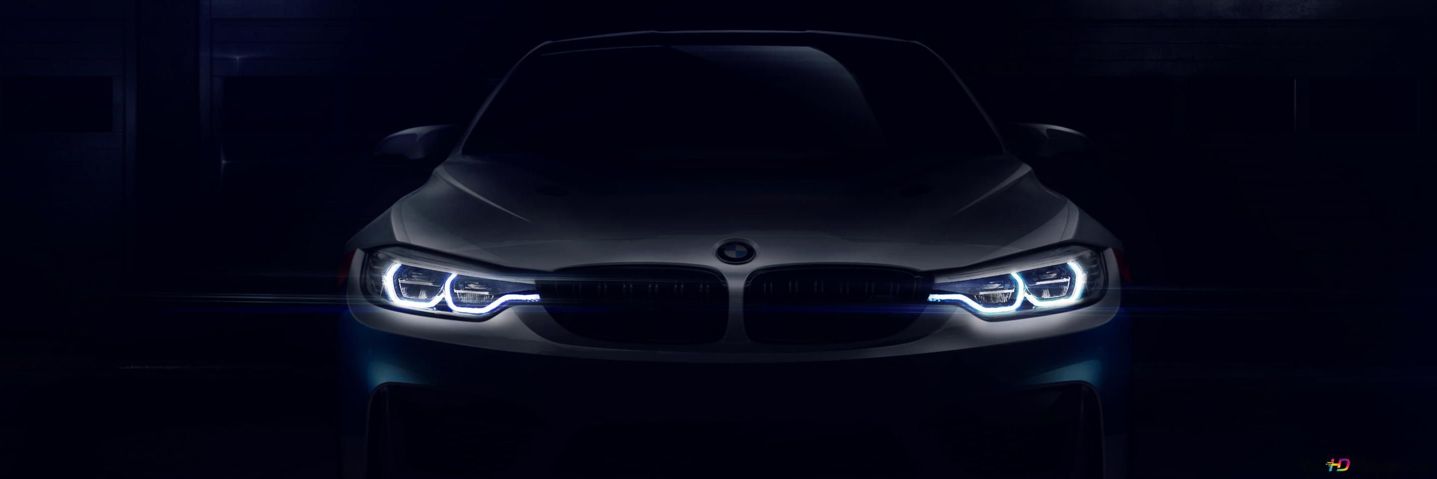 2880x960 BMW M4 GT4 with headlights on in dark area 4K wallpaper download