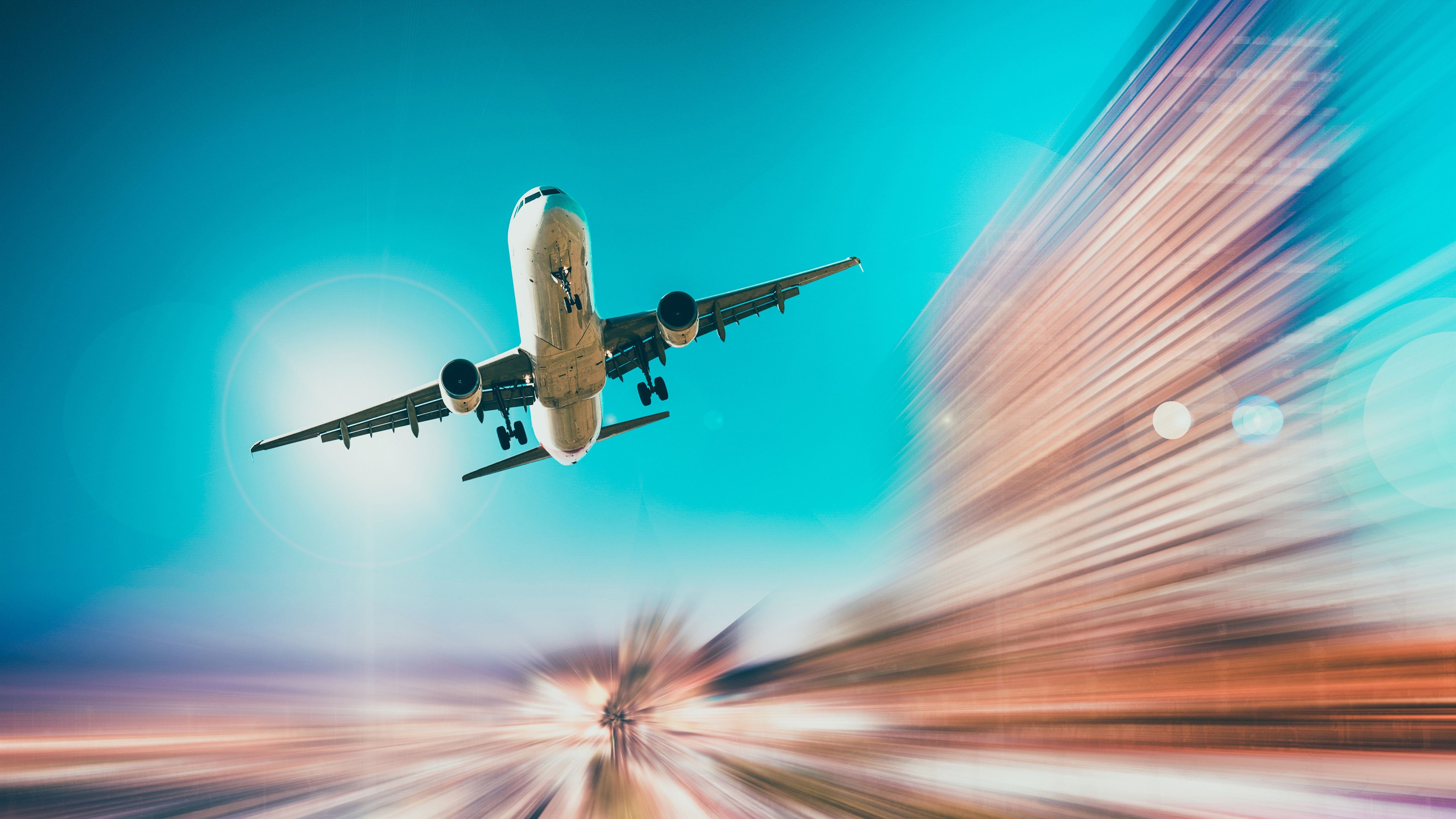 5120x2880 Wallpaper Airplane, flight, sky, bottom view, light lines 5120x2880 UHD 5K Picture, Image