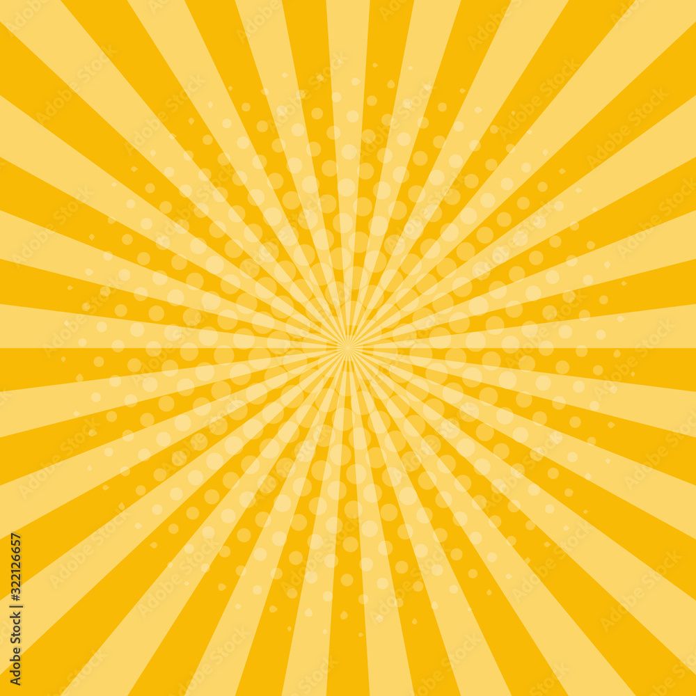 1000x1000 Sunburst background. Yellow rays with halftone effect. Shine sun retro style. Sunset party design. Graphic frame with radial lines. Abstract with sky orange rays. Summer and autumn wallpaper. Vector. Stock Vector