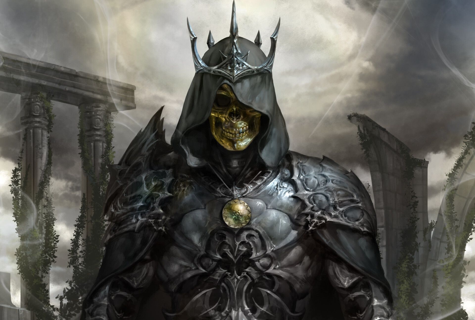1920x1293 HD desktop wallpaper: Dark, Crown, Skull, Skeleton, Armor download free picture