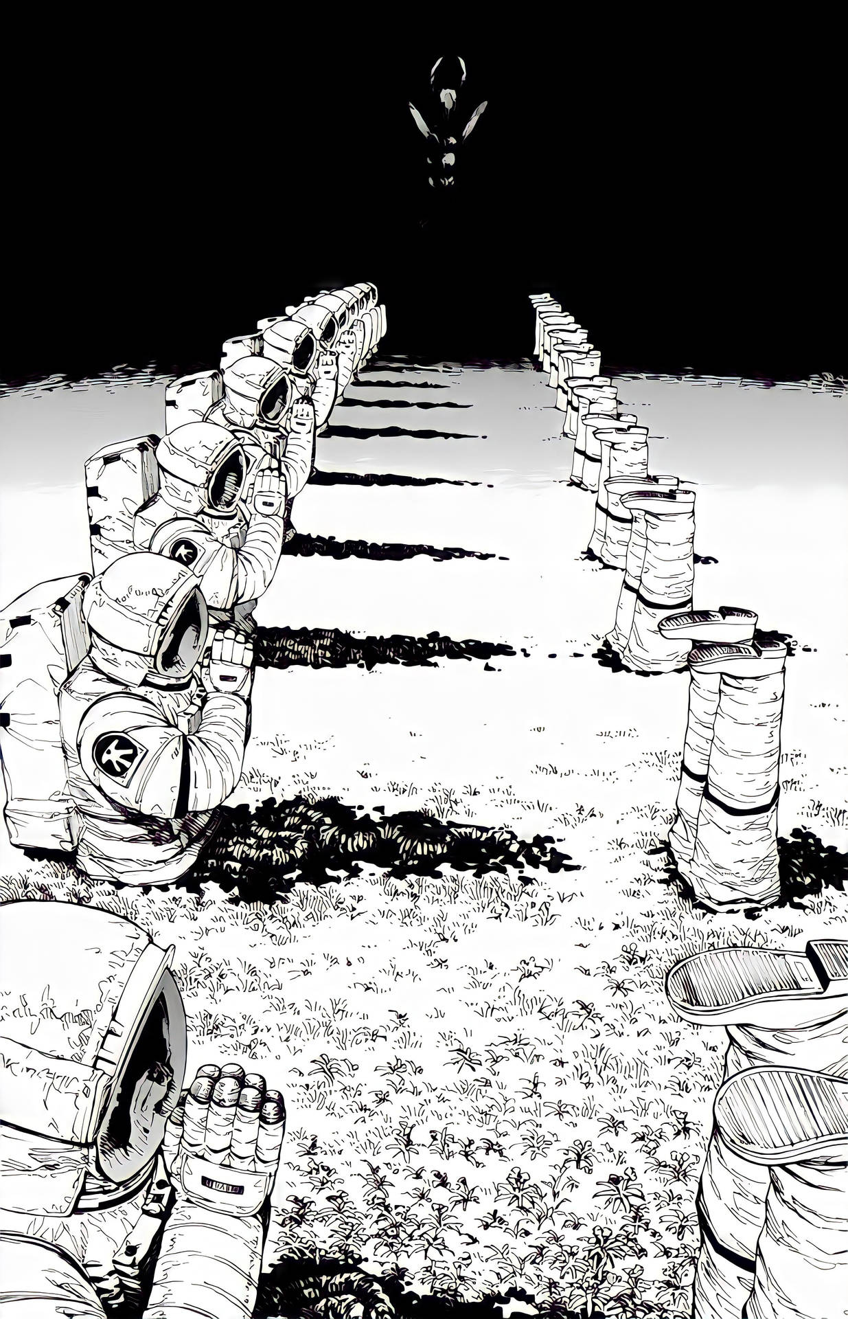 1235x1920 Download Praying Astronauts Chainsaw Man Anime Black And White iPhone Wallpaper