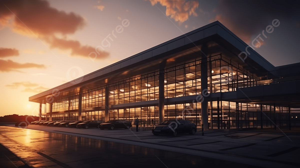 1200x673 Car Showroom Under The Lights Background, 3D Rendering Illustration Of Airport Terminal At Sunset, HD Photography Photo Background Image And Wallpaper for Free Download