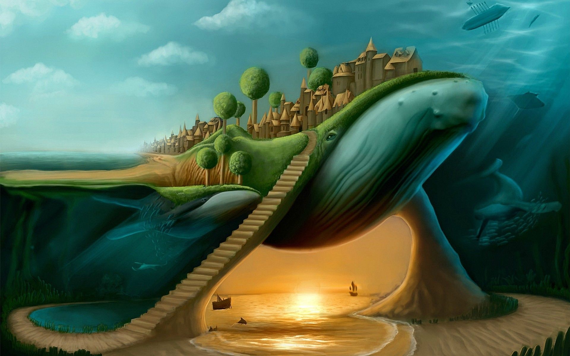 1920x1200 fantasy art, split view, stairs, surreal, abstract, whale Gallery HD Wallpaper