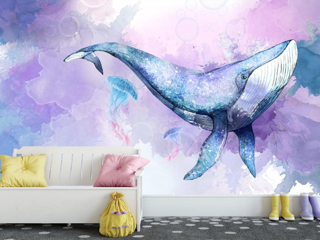 1080x810 Watercolor Blue Whale Wallpaper Undersea Whale Wall Mural