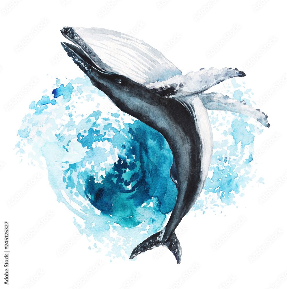 994x1000 Watercolor Hand Drawn Humpback Whale Illustration Up From The Foamy Ocean Wave, Playful, Happy Mammal. Character, Logo, Children Wallpaper, Doodle. Marine Clip Art. Ocean, Sea Inhabitant. Stock Illustration