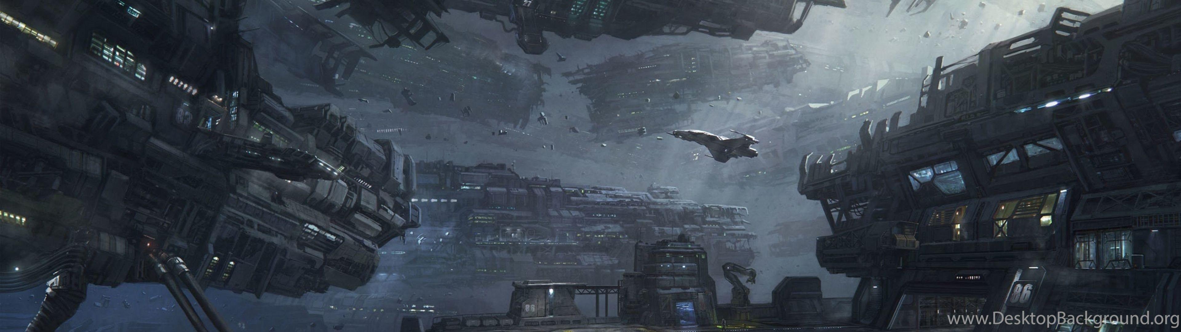 3840x1080 Spaceship Hangar Dual Screen Wallpaper Desktop Background