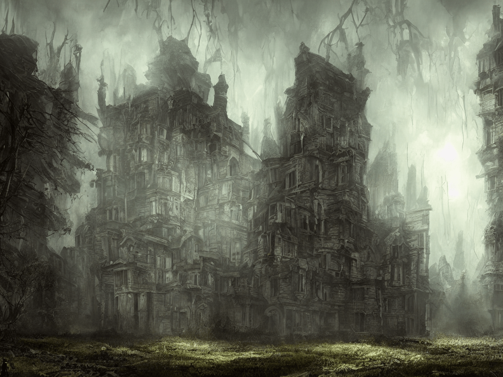 1024x768 prompthunt: a haunting matte painting of a disturbing dilapidated scary mansion with eerie glowing windows at the edge of world, concept art, illustration, trending on artstation, vibrant colors, 4 k wallpaper
