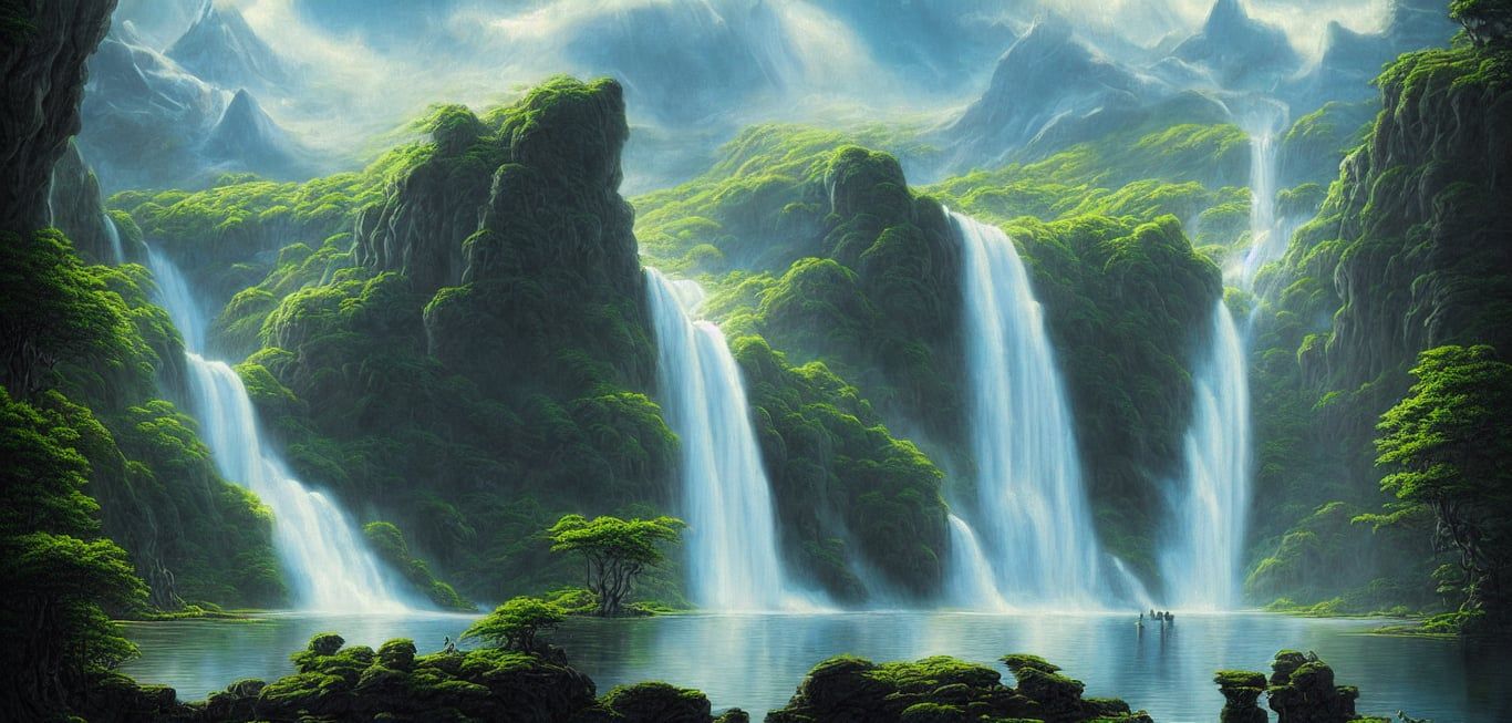 1366x653 prompthunt: a painting of a waterfall and a lake surrounded by mountains, a detailed matte painting by david a. hardy, featured on cgsociety, fantasy art, matte painting, 2 d game art, concept