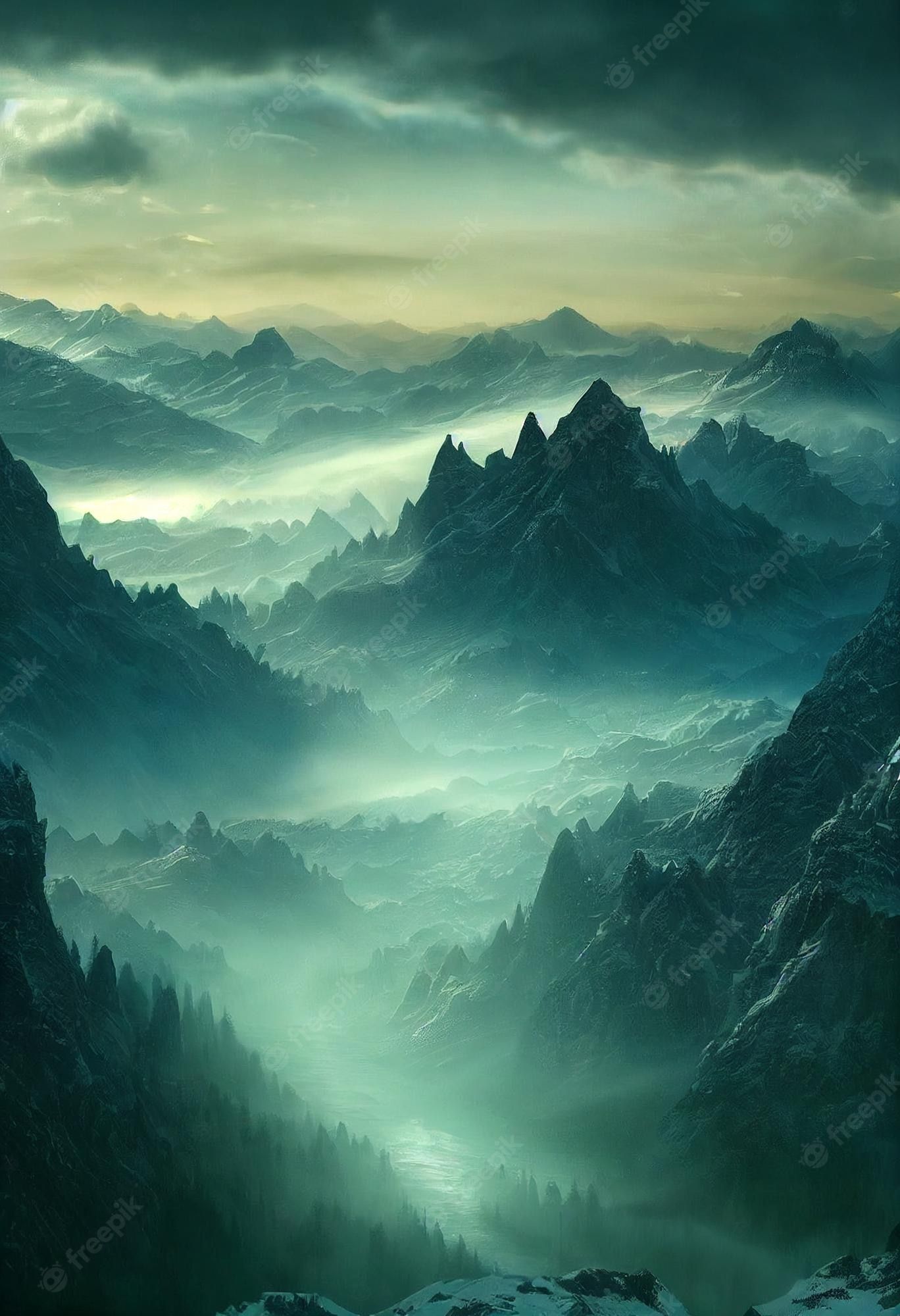 1368x2000 Premium Photo. Beautiful fantasy rpg game book mountain landscape by digital photorealistic matte painting intricate detail fantasy