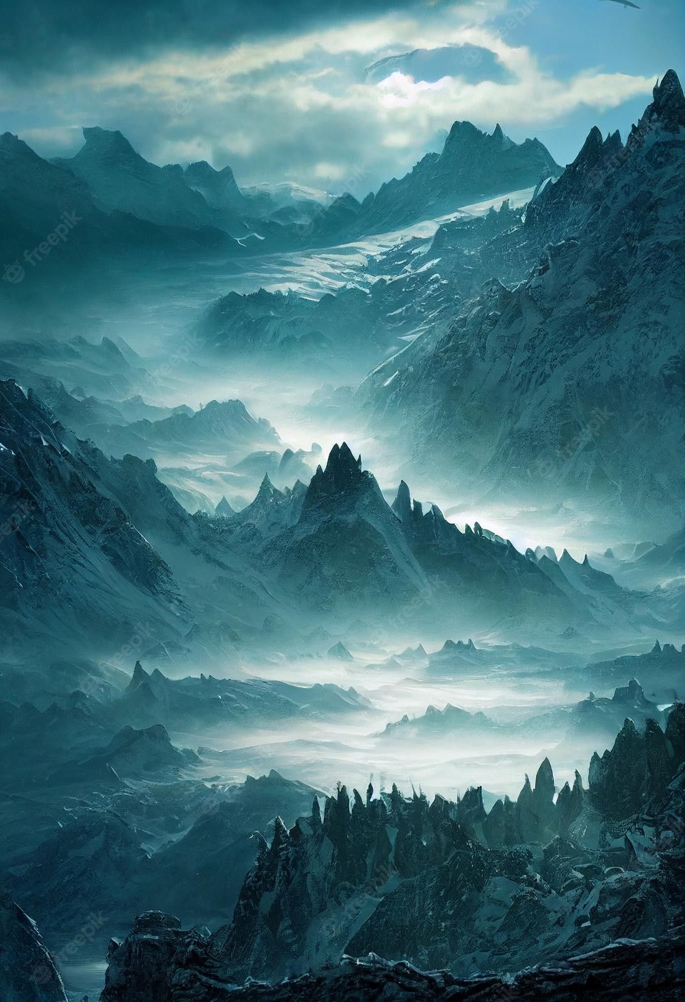 1368x2000 Premium Photo. Beautiful fantasy rpg game book mountain landscape by digital photorealistic matte painting intricate detail fantasy
